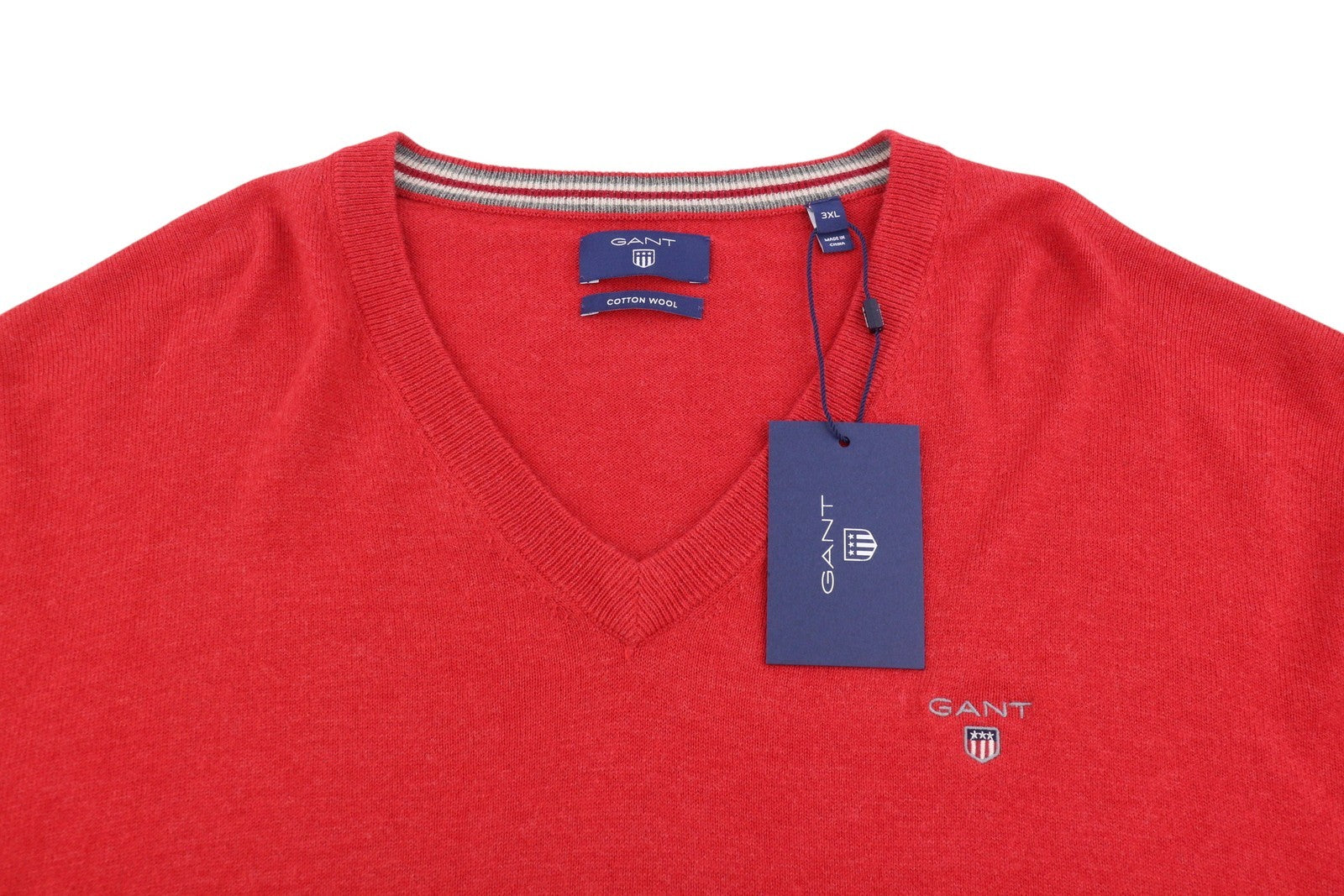 GANT Cotton Wool V-Neck Men Jumper 3XL Bright Red Mel Tight-Knit Logo Pullover