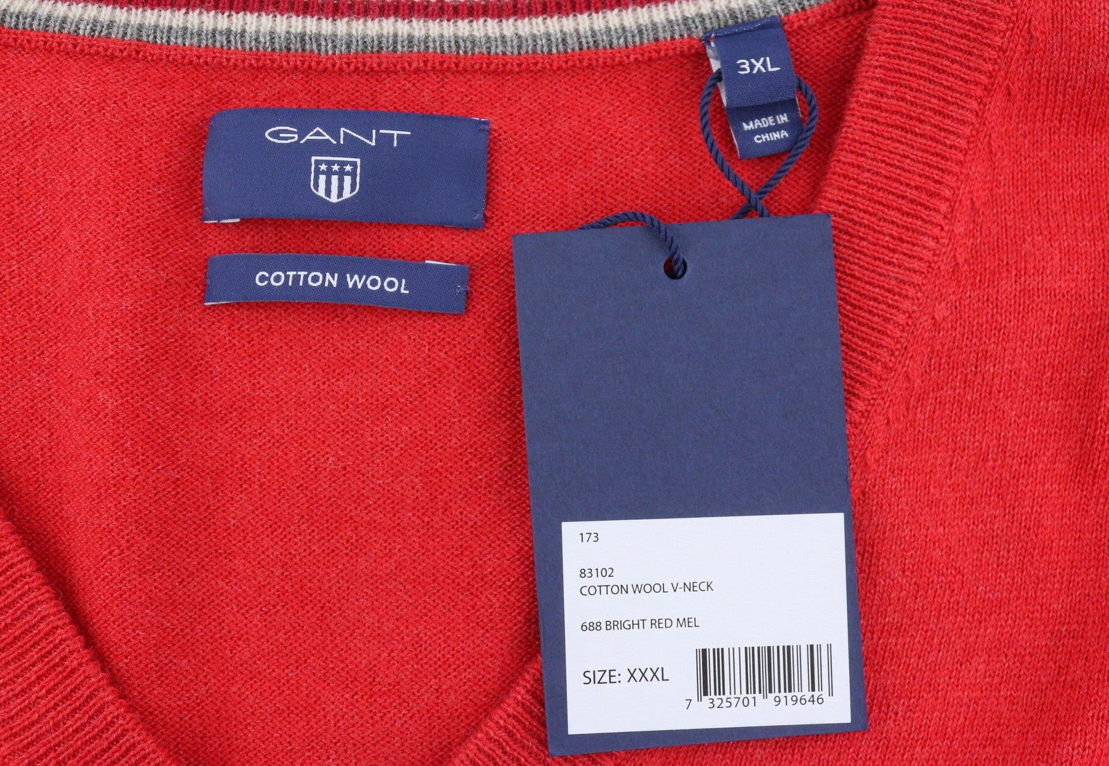 GANT Cotton Wool V-Neck Men Jumper 3XL Bright Red Mel Tight-Knit Logo Pullover