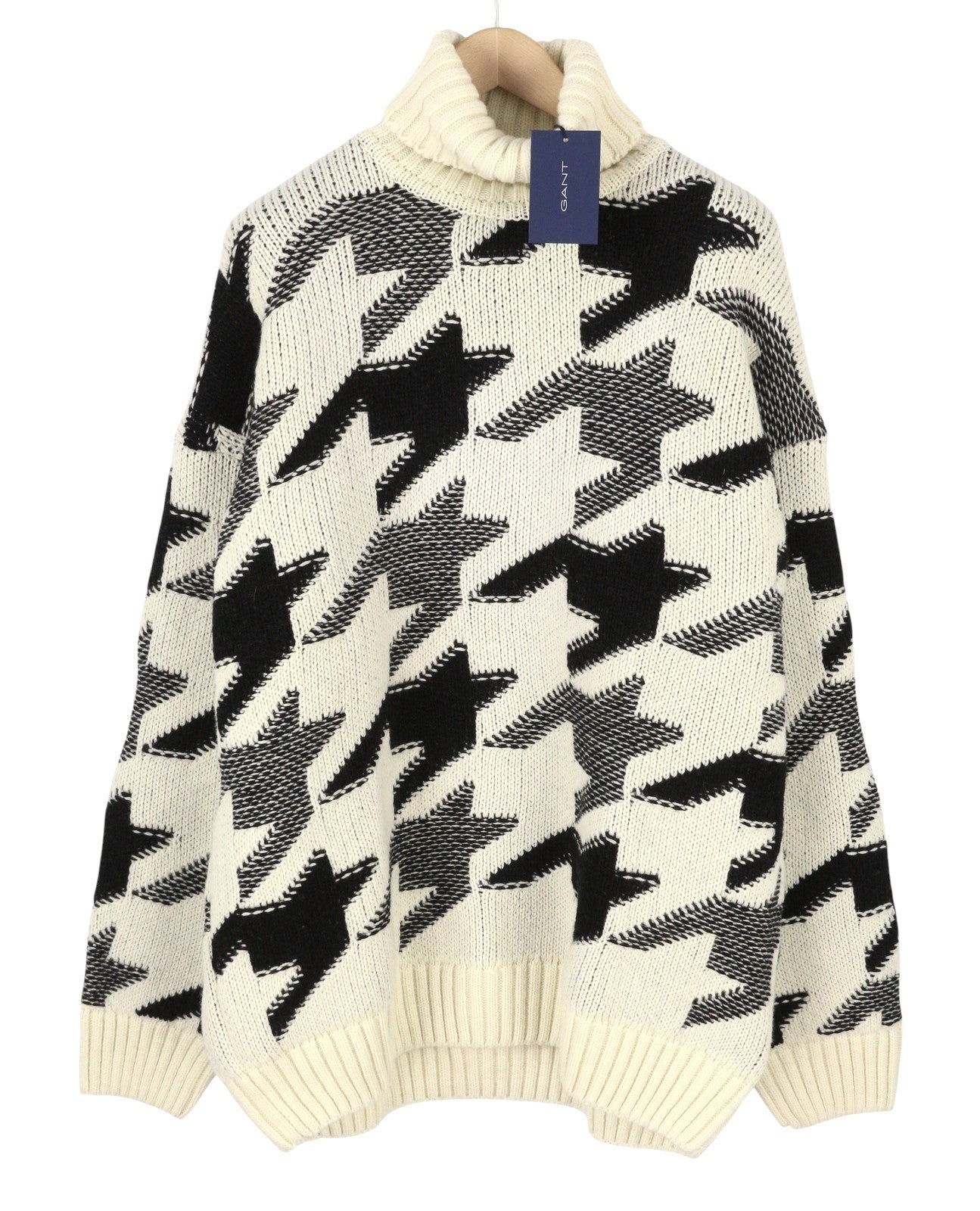 GANT Houndstooth Rollneck Men Jumper XL Cream Wool Thick Knit Pullover RRP249