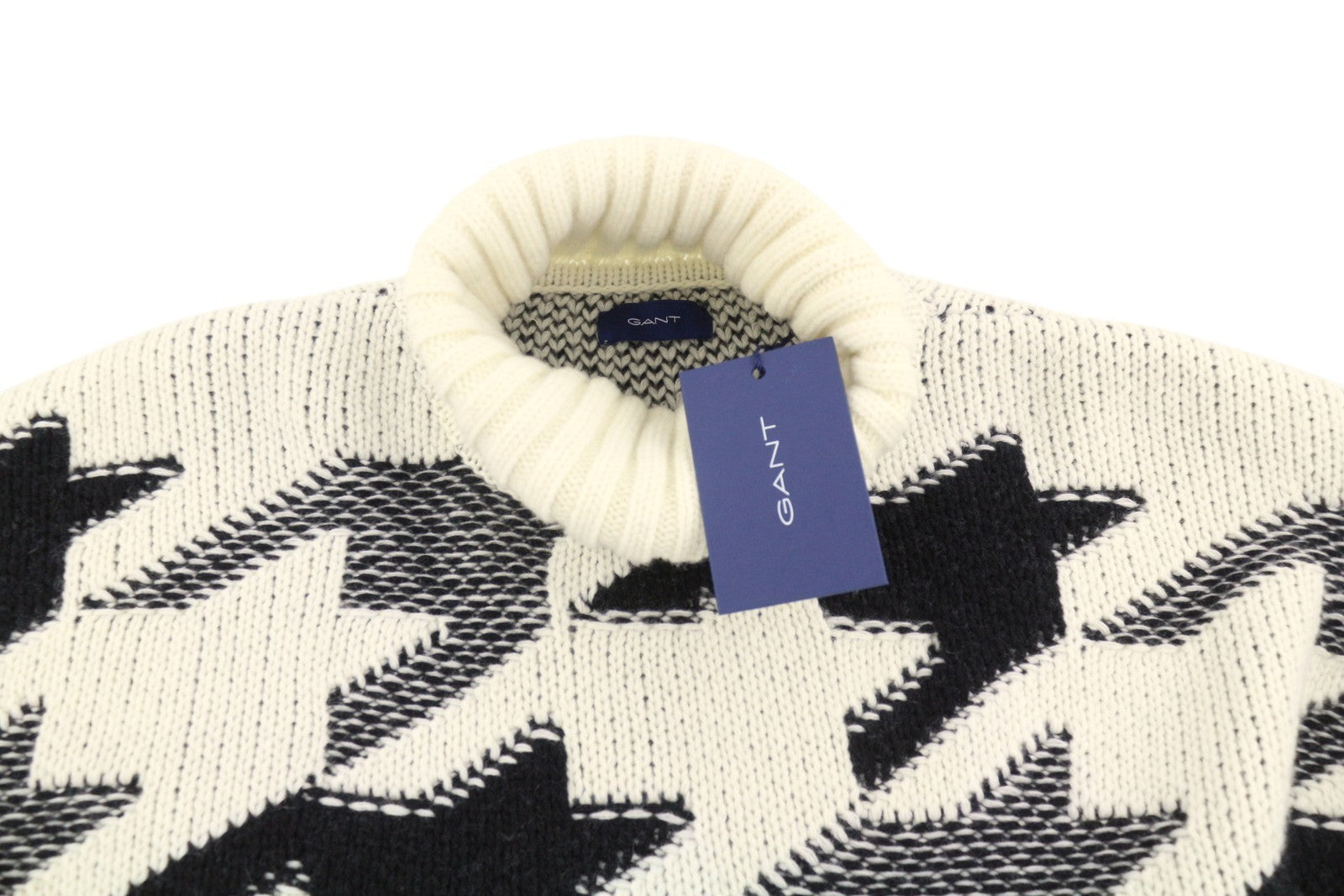 GANT Houndstooth Rollneck Men Jumper XL Cream Wool Thick Knit Pullover RRP249