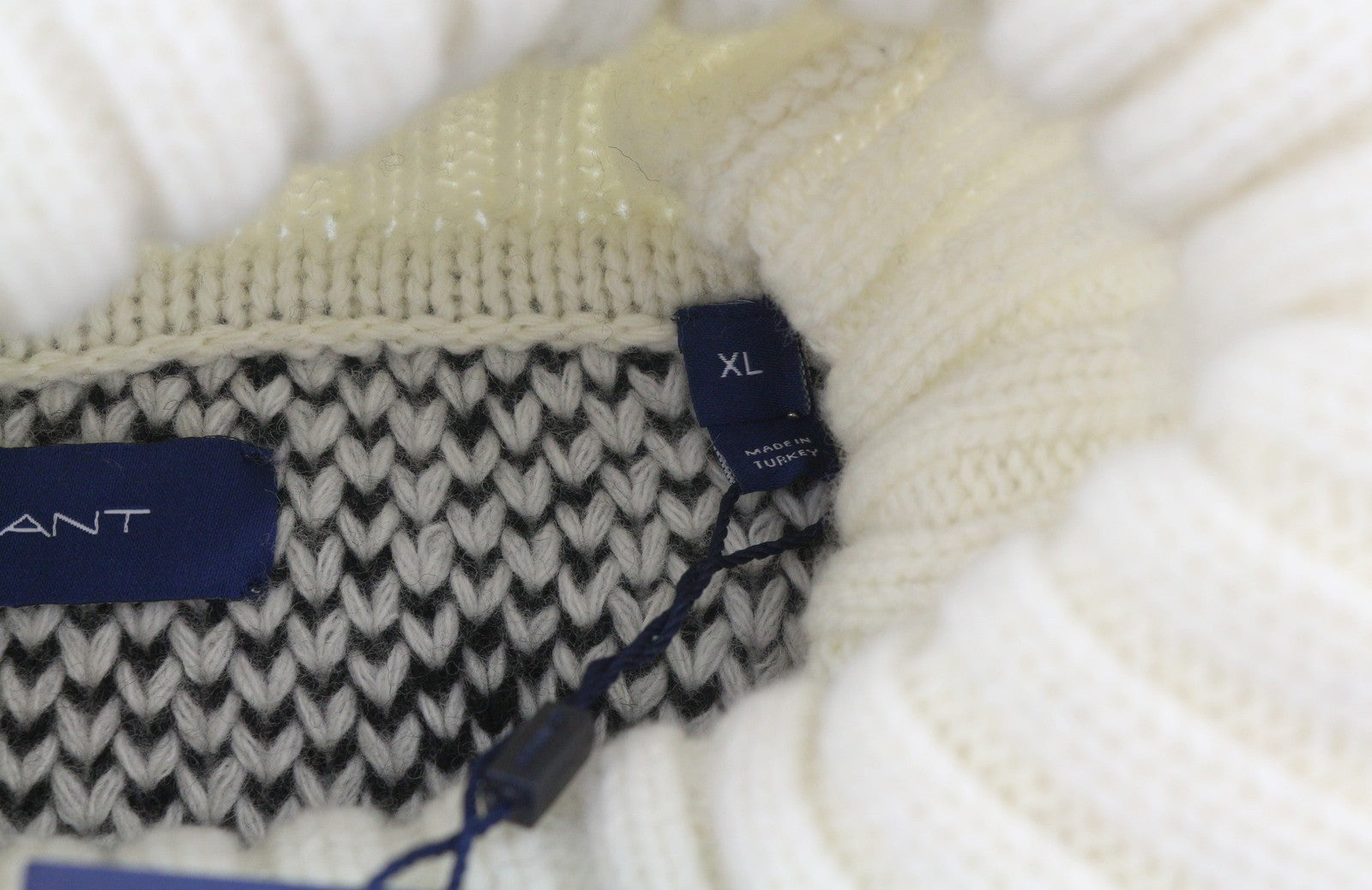 GANT Houndstooth Rollneck Men Jumper XL Cream Wool Thick Knit Pullover RRP249