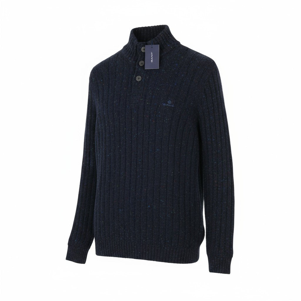 GANT Neps Buttons Mock Neck Men Jumper 2XL Blue Wool Blend Knit Pullover RRP179