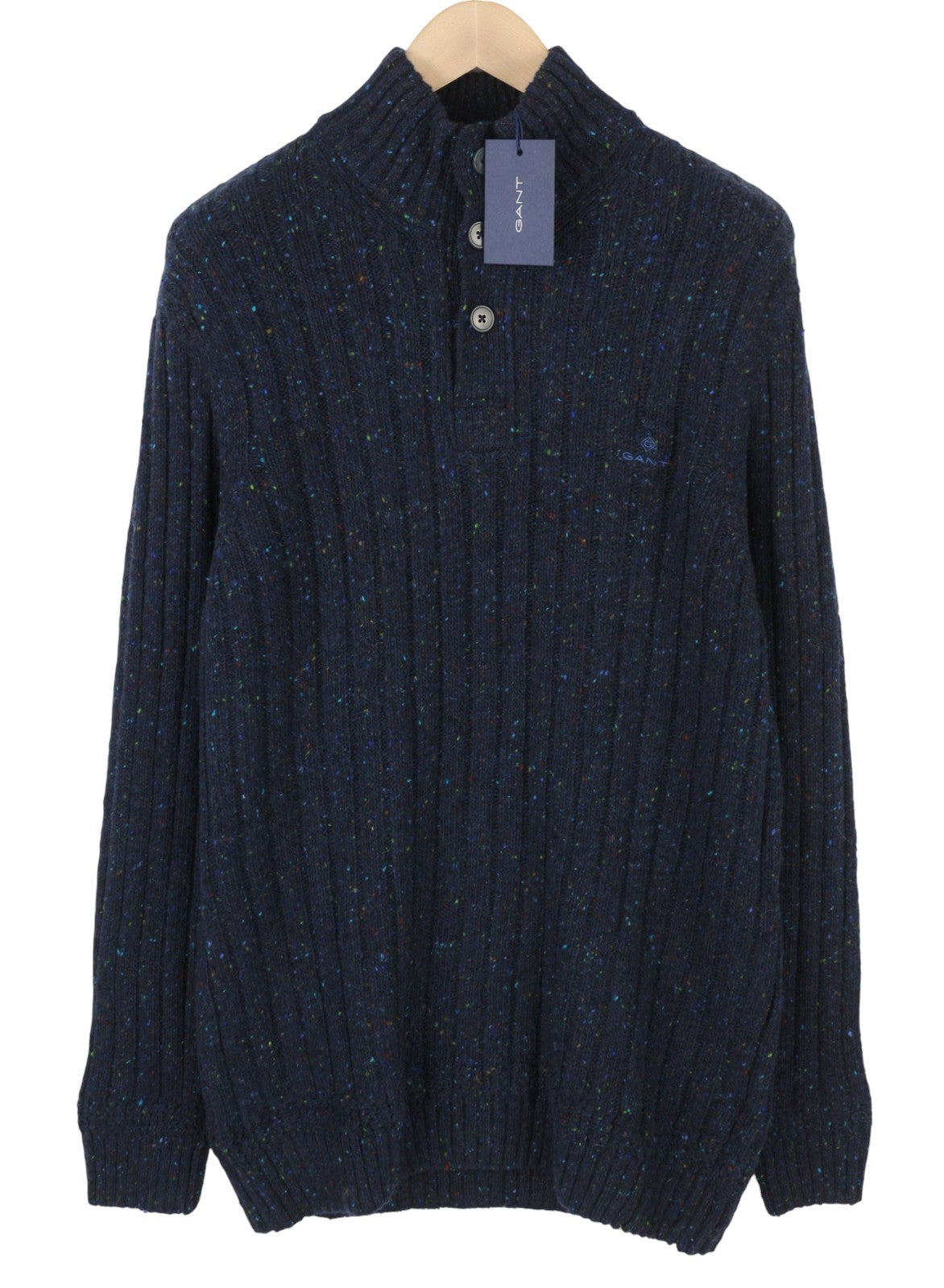 GANT Neps Buttons Mock Neck Men Jumper 2XL Blue Wool Blend Knit Pullover RRP179