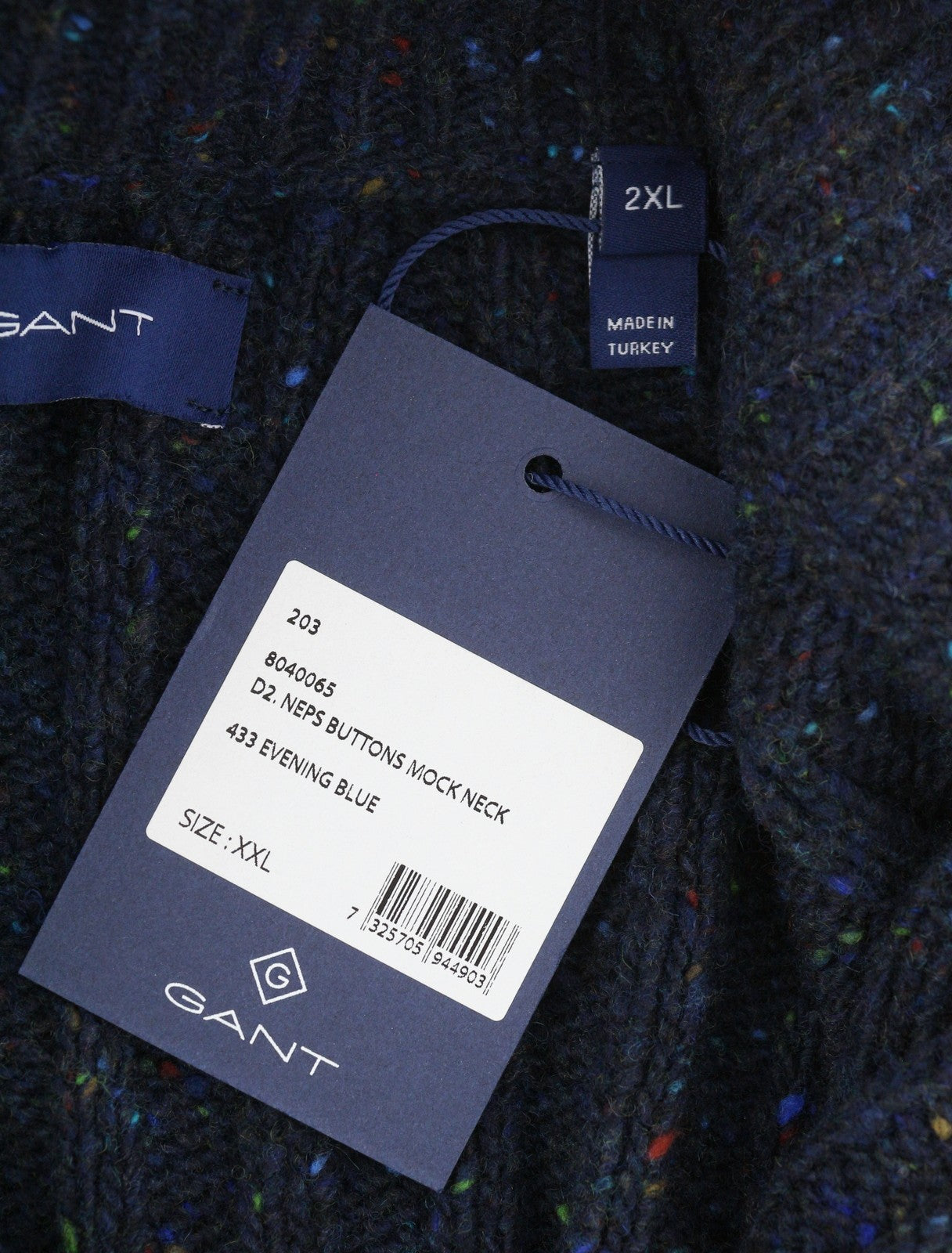 GANT Neps Buttons Mock Neck Men Jumper 2XL Blue Wool Blend Knit Pullover RRP179