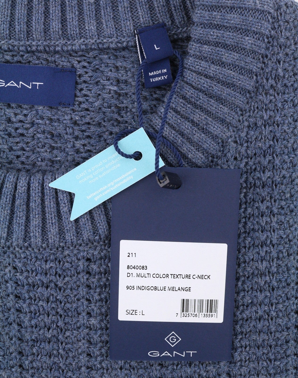 GANT Multi Color Texture C-Neck Men Jumper L Indigo Blue Melange Cotton Pullover