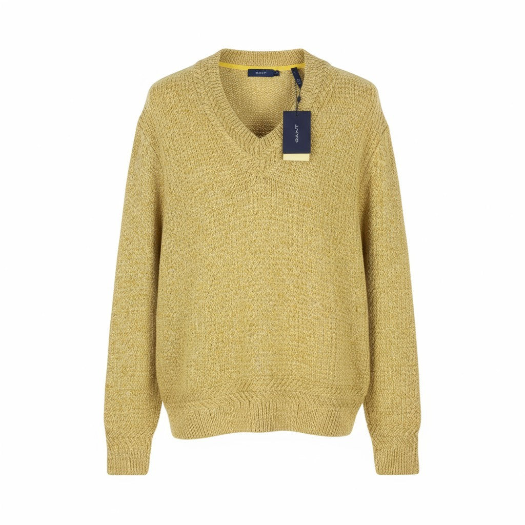 GANT Twisted Color V-Neck Men Jumper XL Brimstone Yellow Melange Knit Pullover