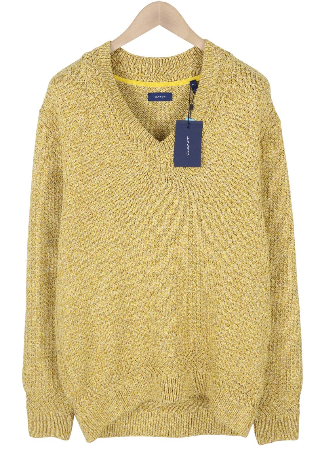 GANT Twisted Color V-Neck Men Jumper XL Brimstone Yellow Melange Knit Pullover