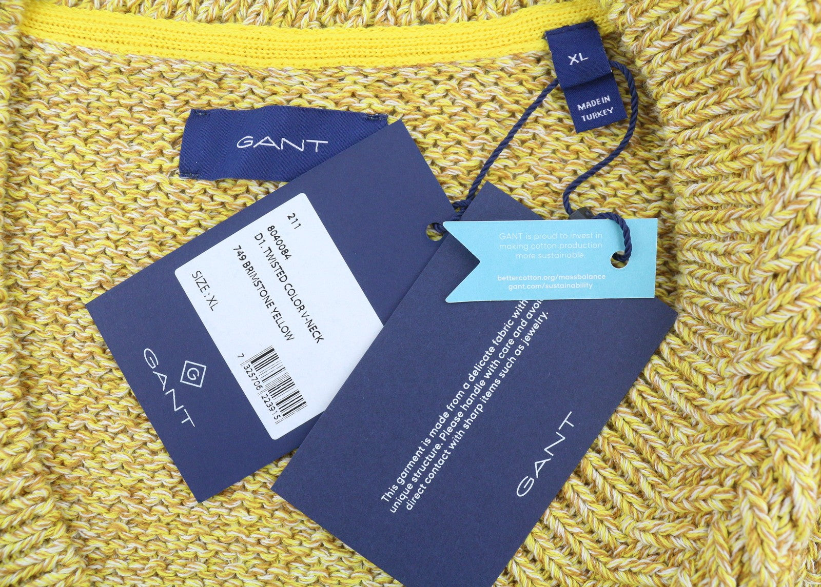 GANT Twisted Color V-Neck Men Jumper XL Brimstone Yellow Melange Knit Pullover