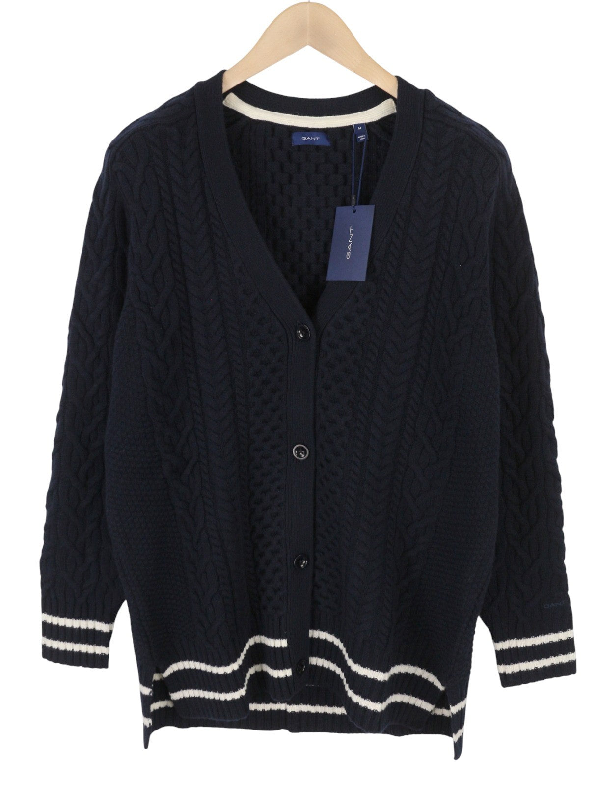 GANT Aran Cable Cardigan Women Jumper M Evening Blue Wool Knit Button-Up Logo