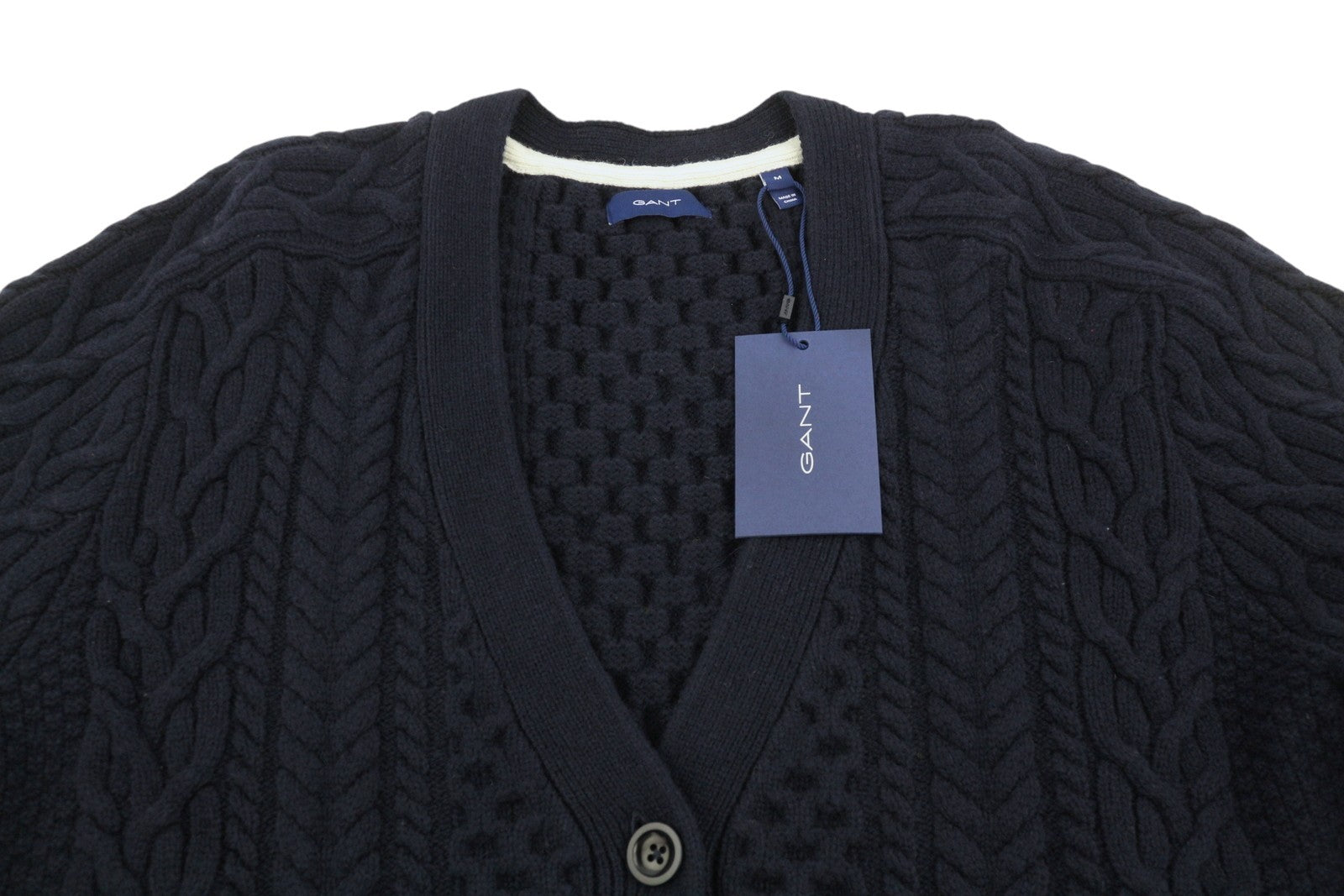 GANT Aran Cable Cardigan Women Jumper M Evening Blue Wool Knit Button-Up Logo