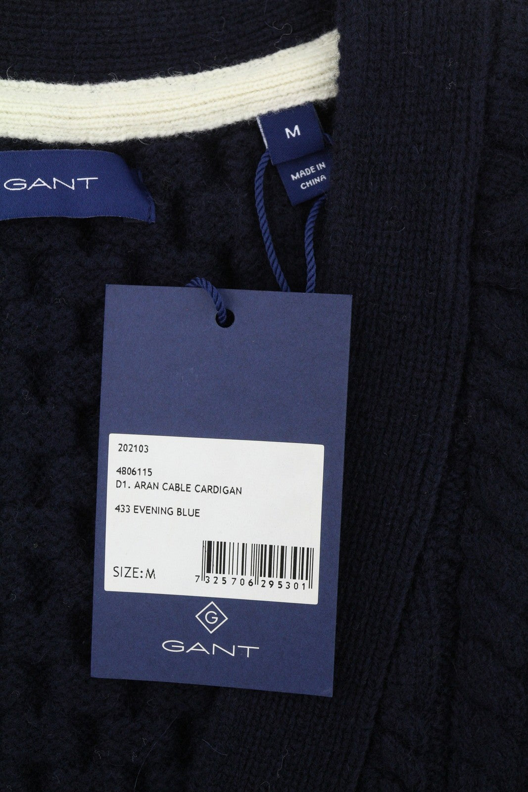 GANT Aran Cable Cardigan Women Jumper M Evening Blue Wool Knit Button-Up Logo
