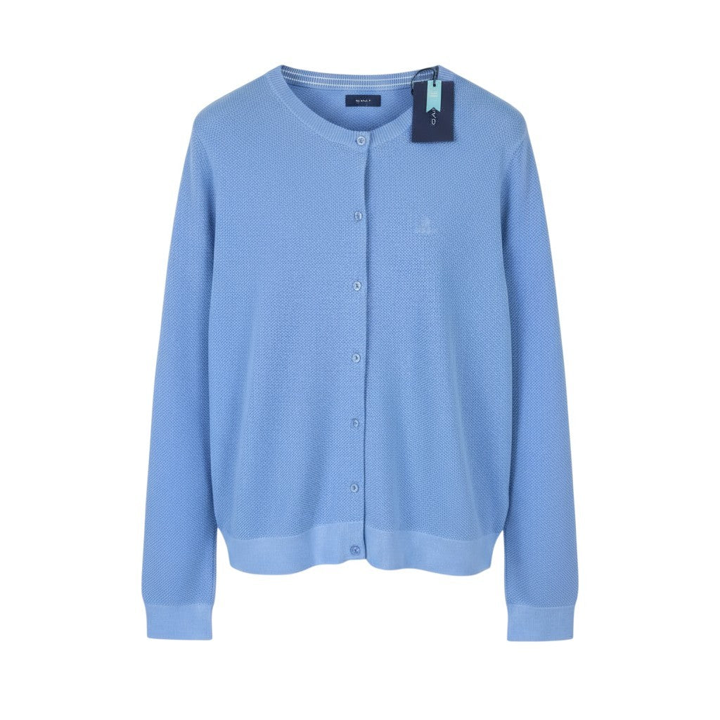 GANT Cotton Pique Cardigan Women Jumper XL Silver Lake Blue Crew Neck Button-Up