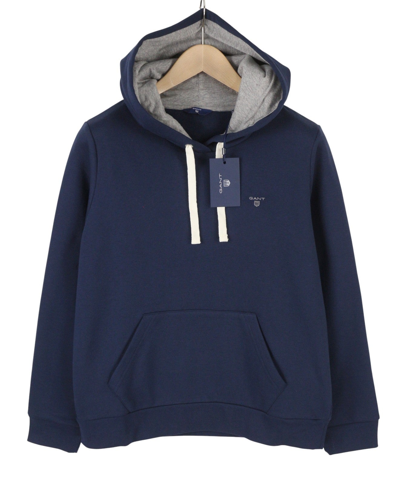 GANT Classic Women Hoodie L Evening Blue Kangaroo Pocket Hooded Logo Pullover