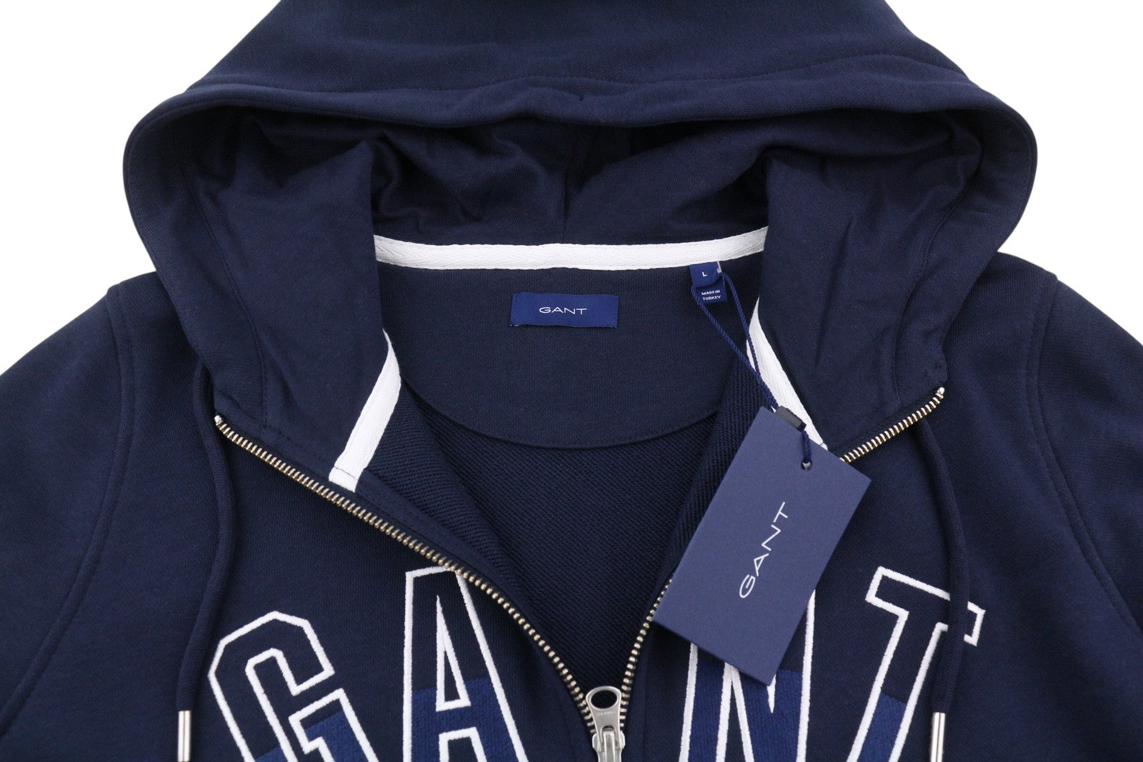GANT N.H Full Zip Women Hoodie L Evening Blue Pockets Front Logo Drawstrings