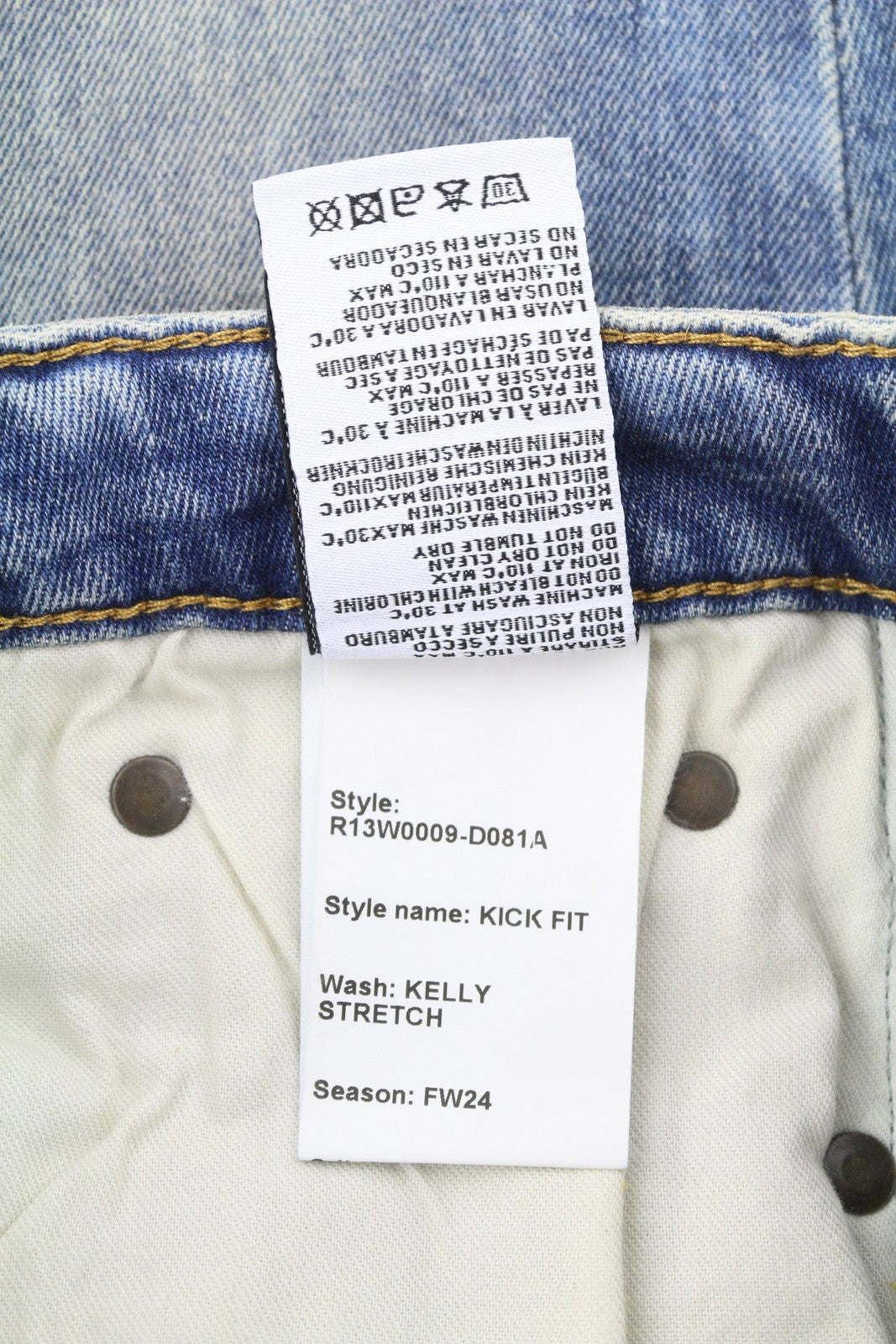 R13 Kick Fit moteriški džinsai 25 Kelly Stretch platėjančios trumpintos iki kulkšnių spalvos išblukintos mėlynos spalvos RRP699 