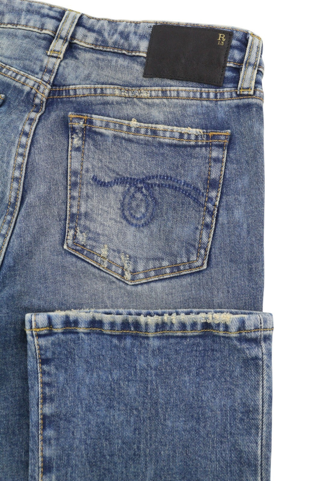 R13 Kick Fit moteriški džinsai 25 Kelly Stretch platėjančios trumpintos iki kulkšnių spalvos išblukintos mėlynos spalvos RRP699 