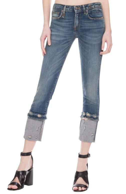 R13 Kate Skinny Women Jeans 27 W Let Down Hem Cuff Kinsley Stretch Distress Blue