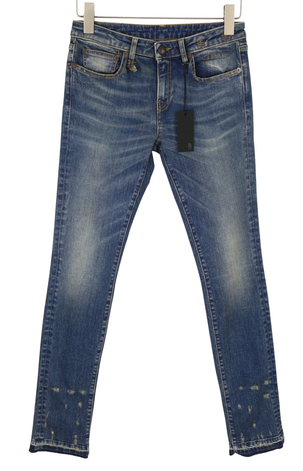 R13 Kate Skinny moteriški džinsai 27 W Let Down Hem Cuff Kinsley Stretch Distress Blue 