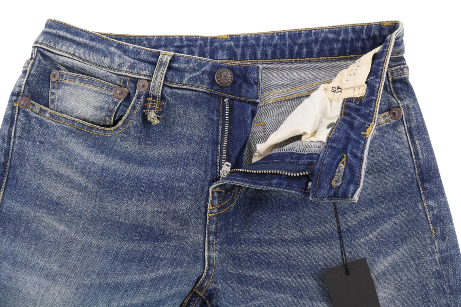 R13 Kate Skinny moteriški džinsai 27 W Let Down Hem Cuff Kinsley Stretch Distress Blue 