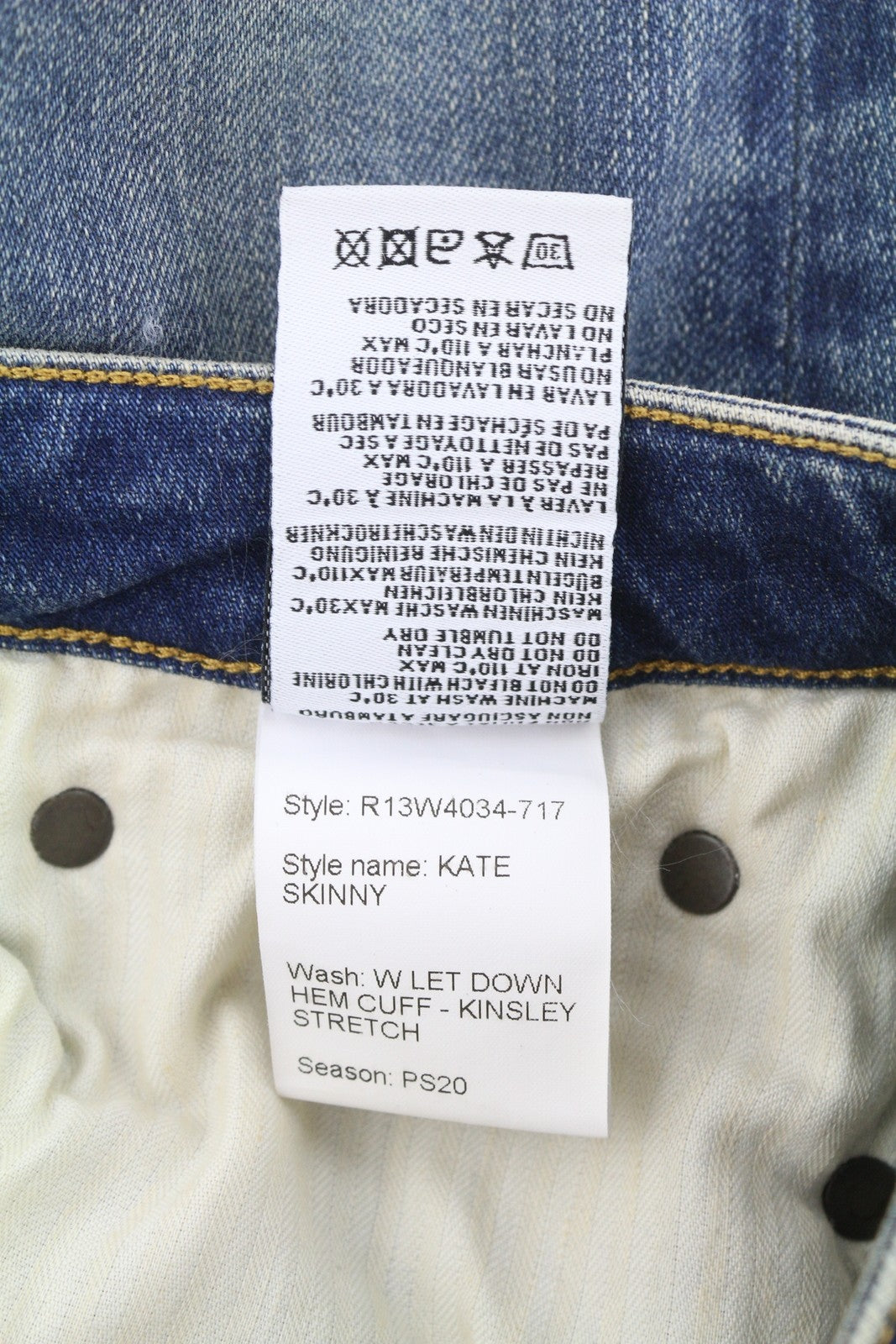 R13 Kate Skinny moteriški džinsai 27 W Let Down Hem Cuff Kinsley Stretch Distress Blue 