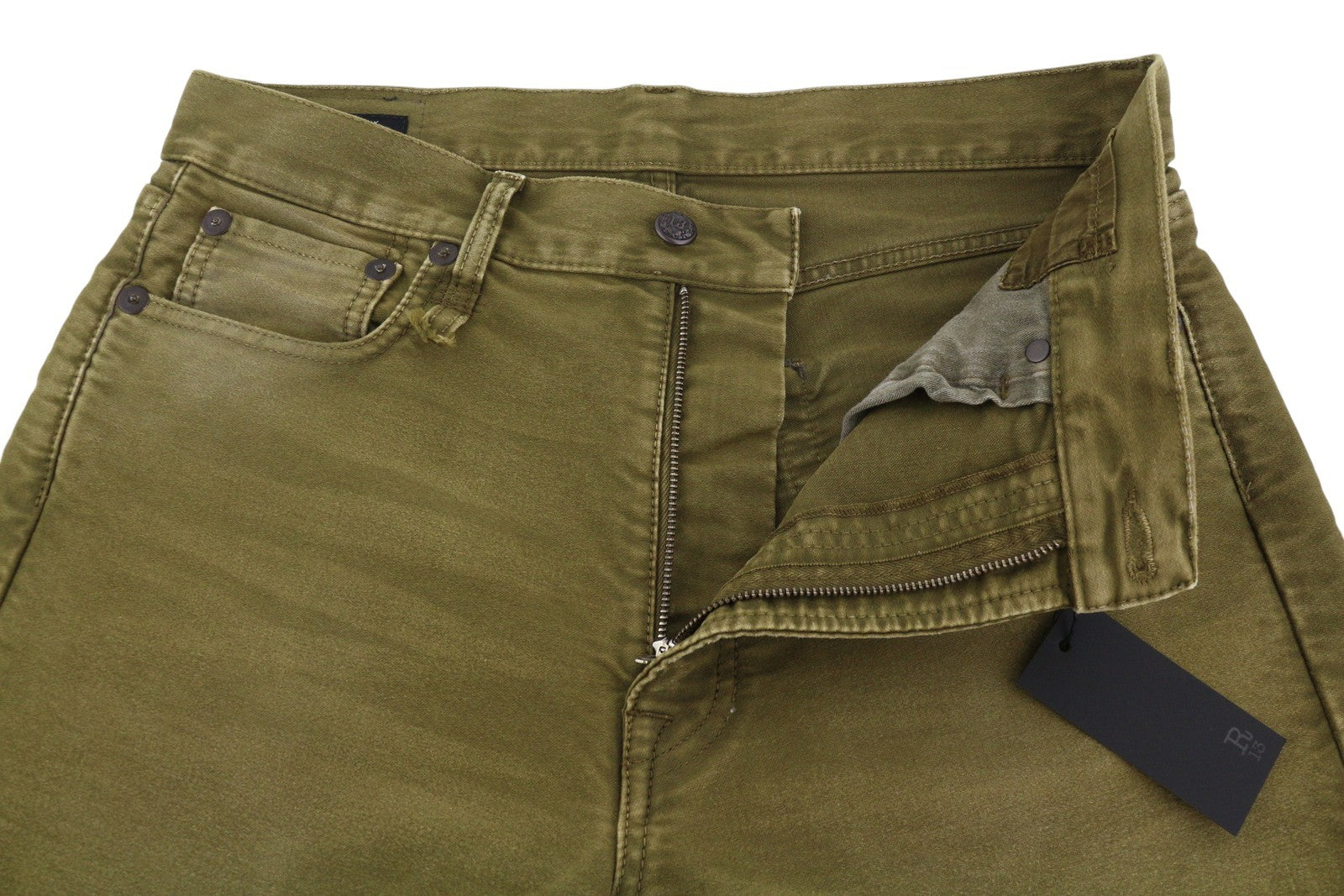 R13 Boyfriend moteriški džinsai 28 alyvuogių spalvos dažyta moleskine su užtrauktuku FW25 RRP790 