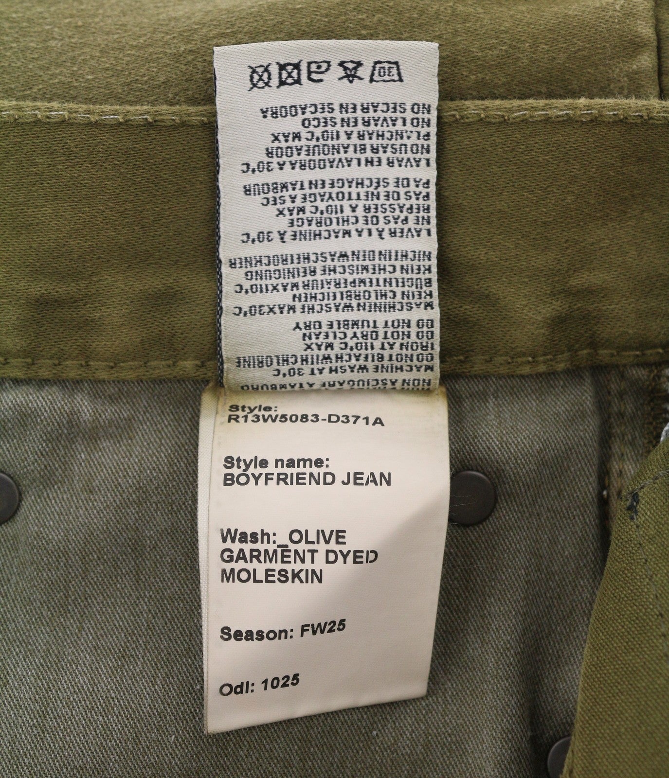 R13 Boyfriend moteriški džinsai 28 alyvuogių spalvos dažyta moleskine su užtrauktuku FW25 RRP790 