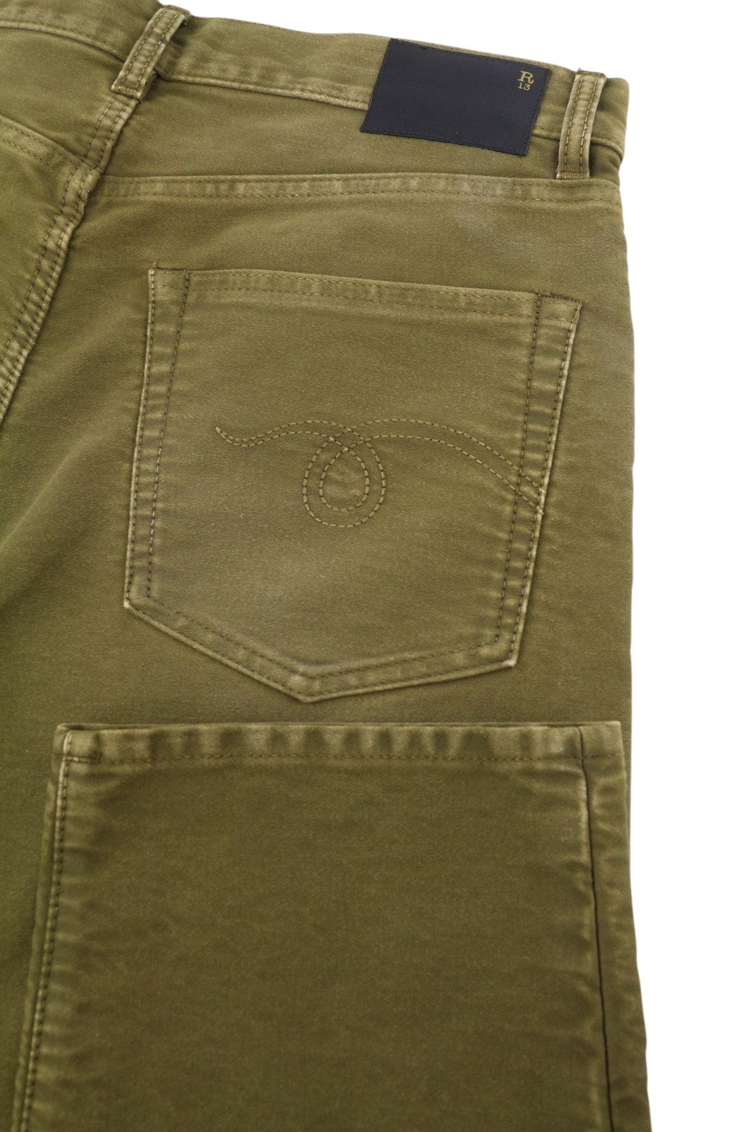 R13 Boyfriend Women Jeans 27 Olive Garment Dyed Moleskin Zip Fly FW25 RRP790