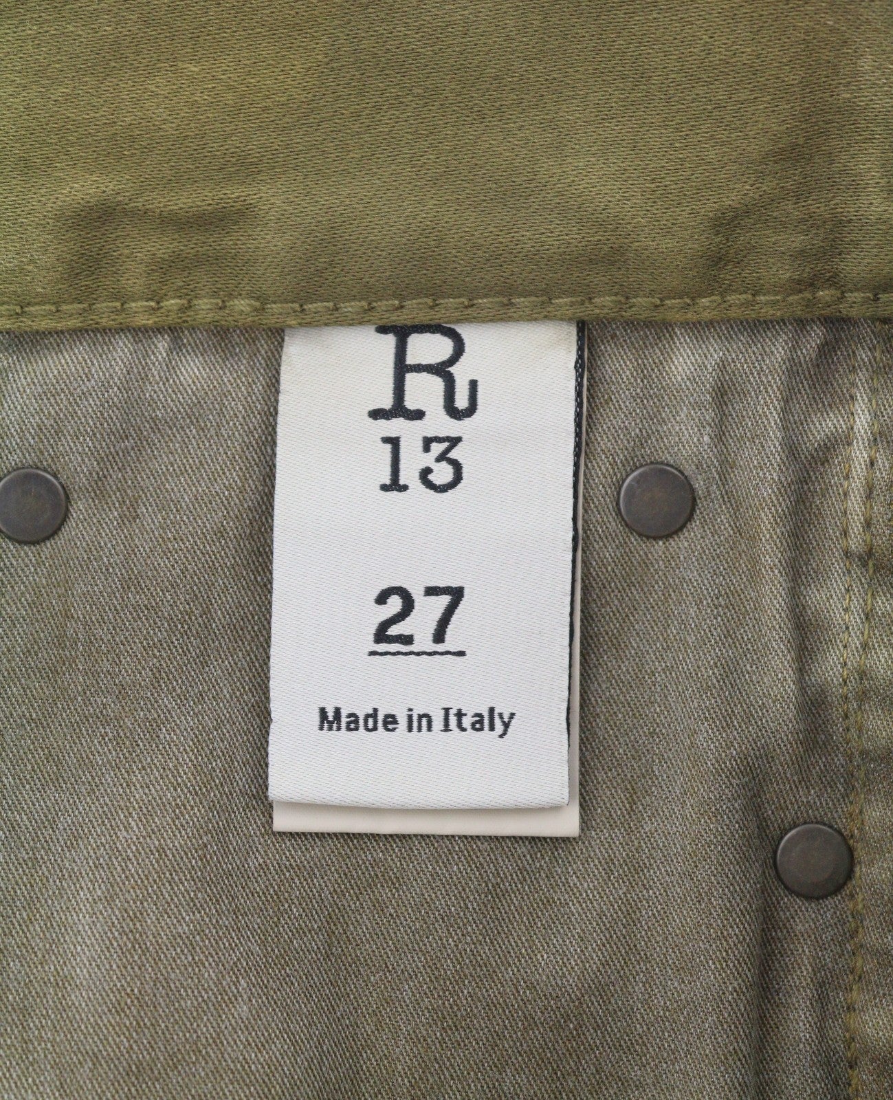 R13 Boyfriend Women Jeans 27 Olive Garment Dyed Moleskin Zip Fly FW25 RRP790