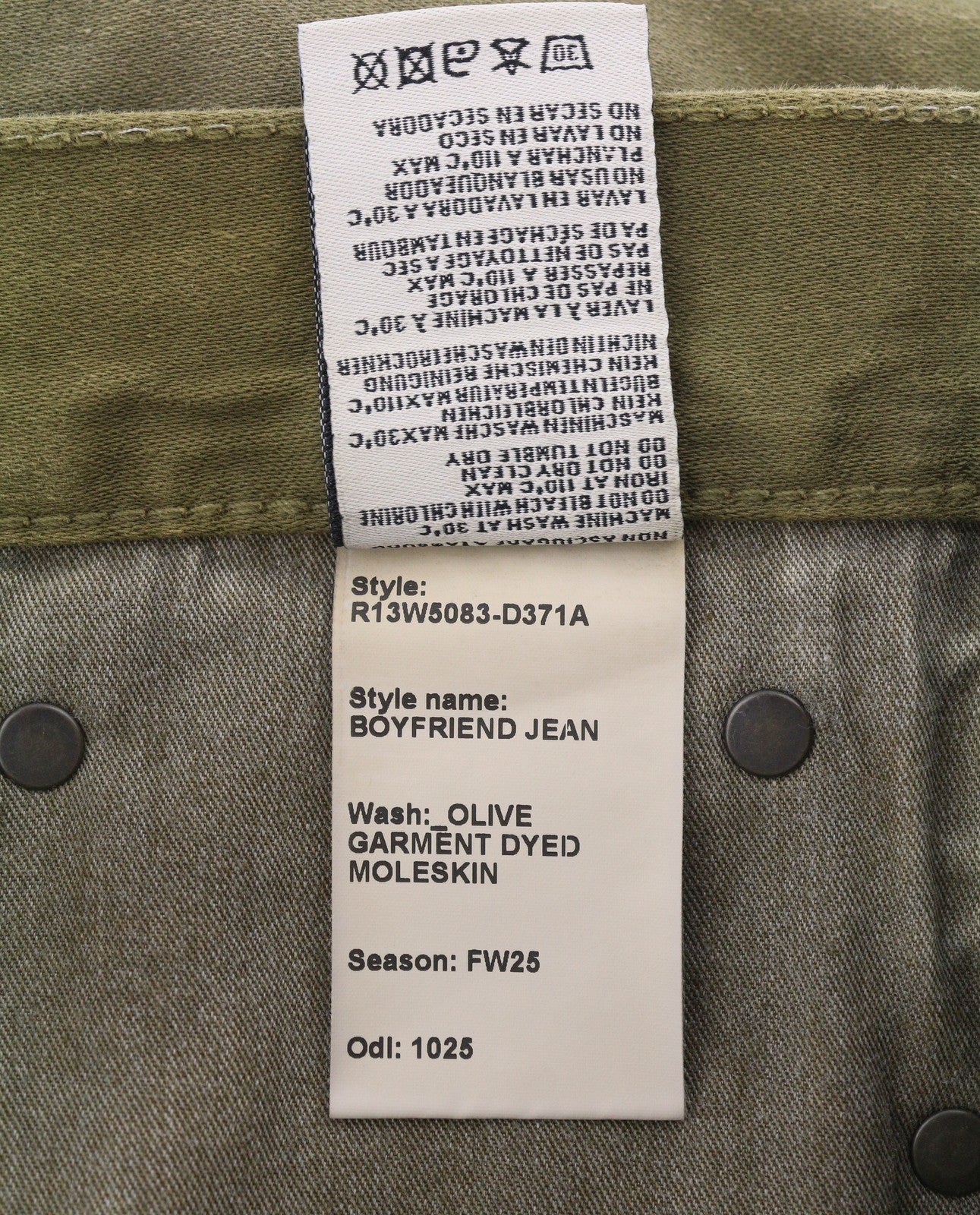 R13 Boyfriend Women Jeans 27 Olive Garment Dyed Moleskin Zip Fly FW25 RRP790