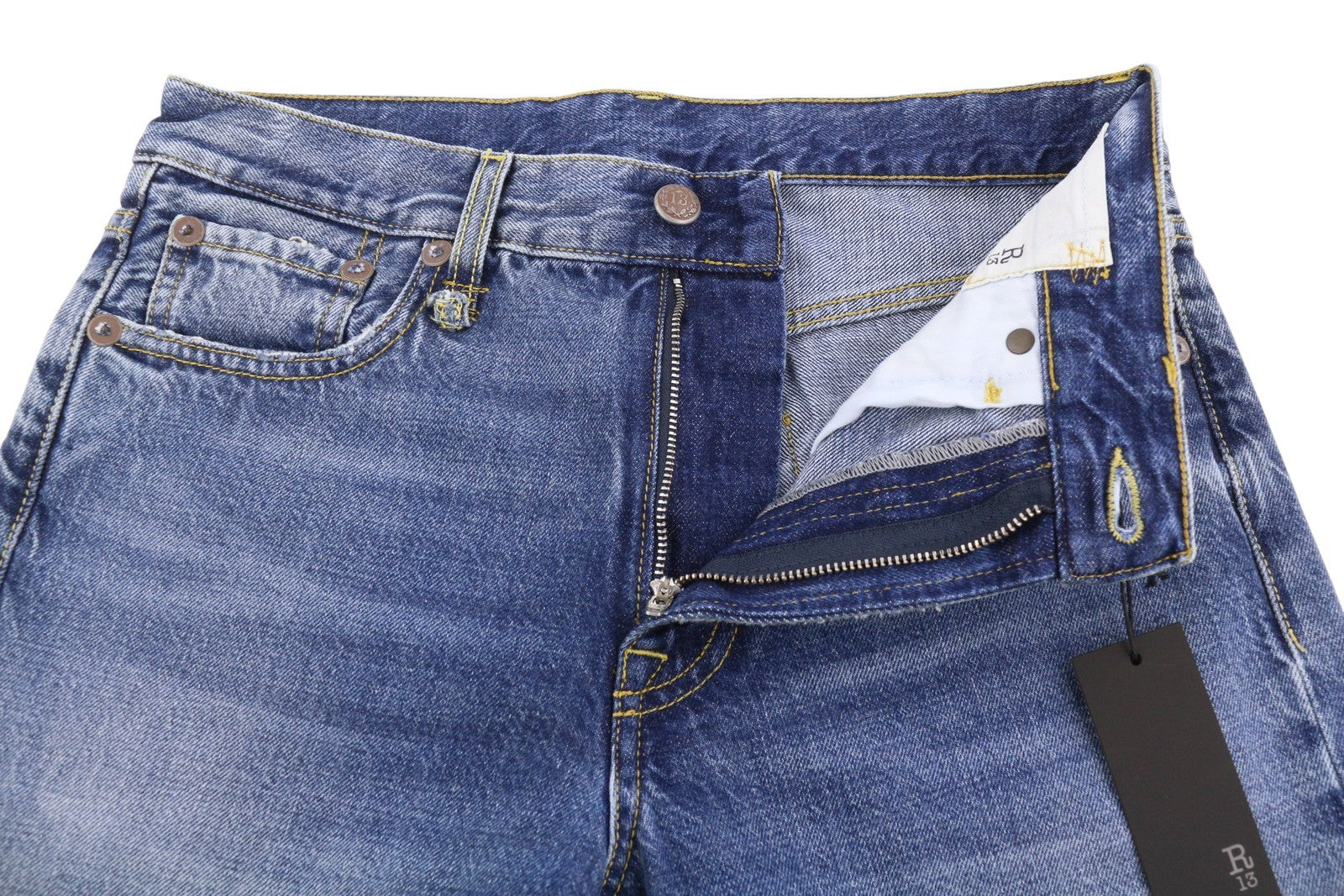 R13 Romeo moteriški džinsai, 26 Hutton mėlyni išblukinto džinso trumpi užtrauktuku, FW25, RRP799 