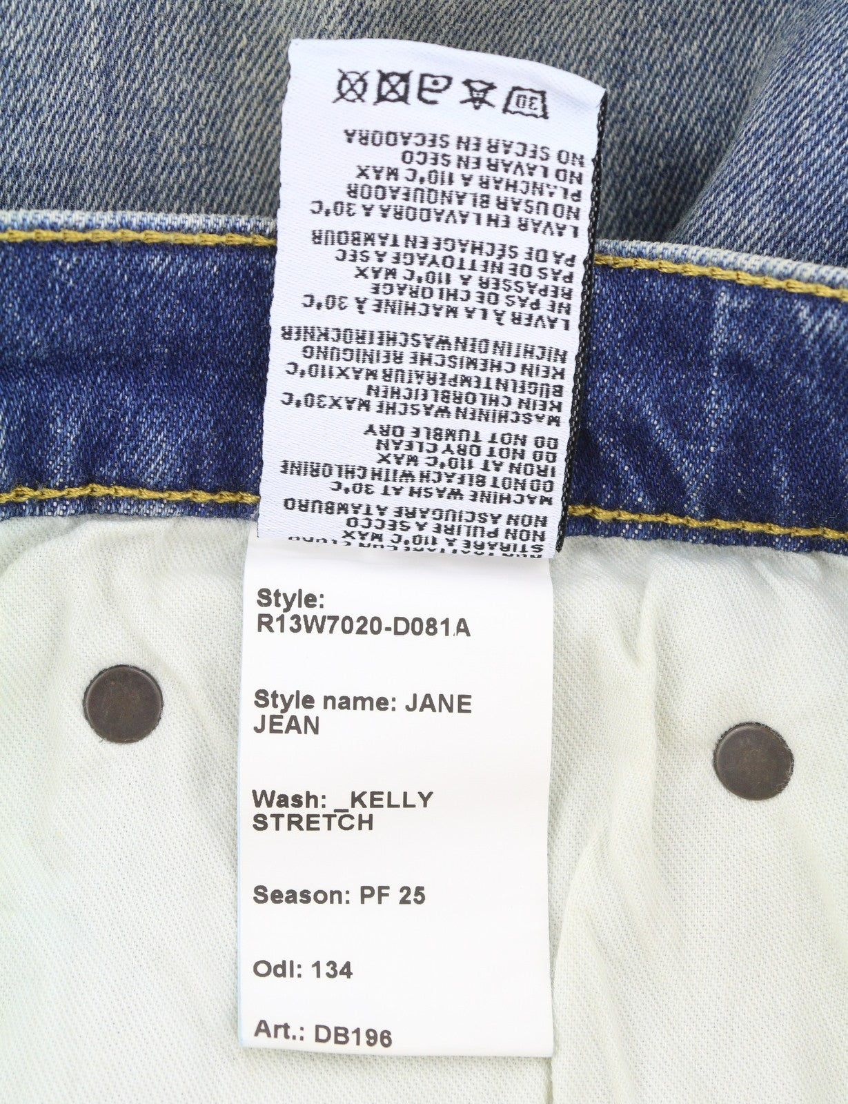 R13 Jane moteriški džinsai 28 Kelly tamprūs, platėjančios klešnės, blukintos mėlynos spalvos su užtrauktuku PF25 RPRP645 