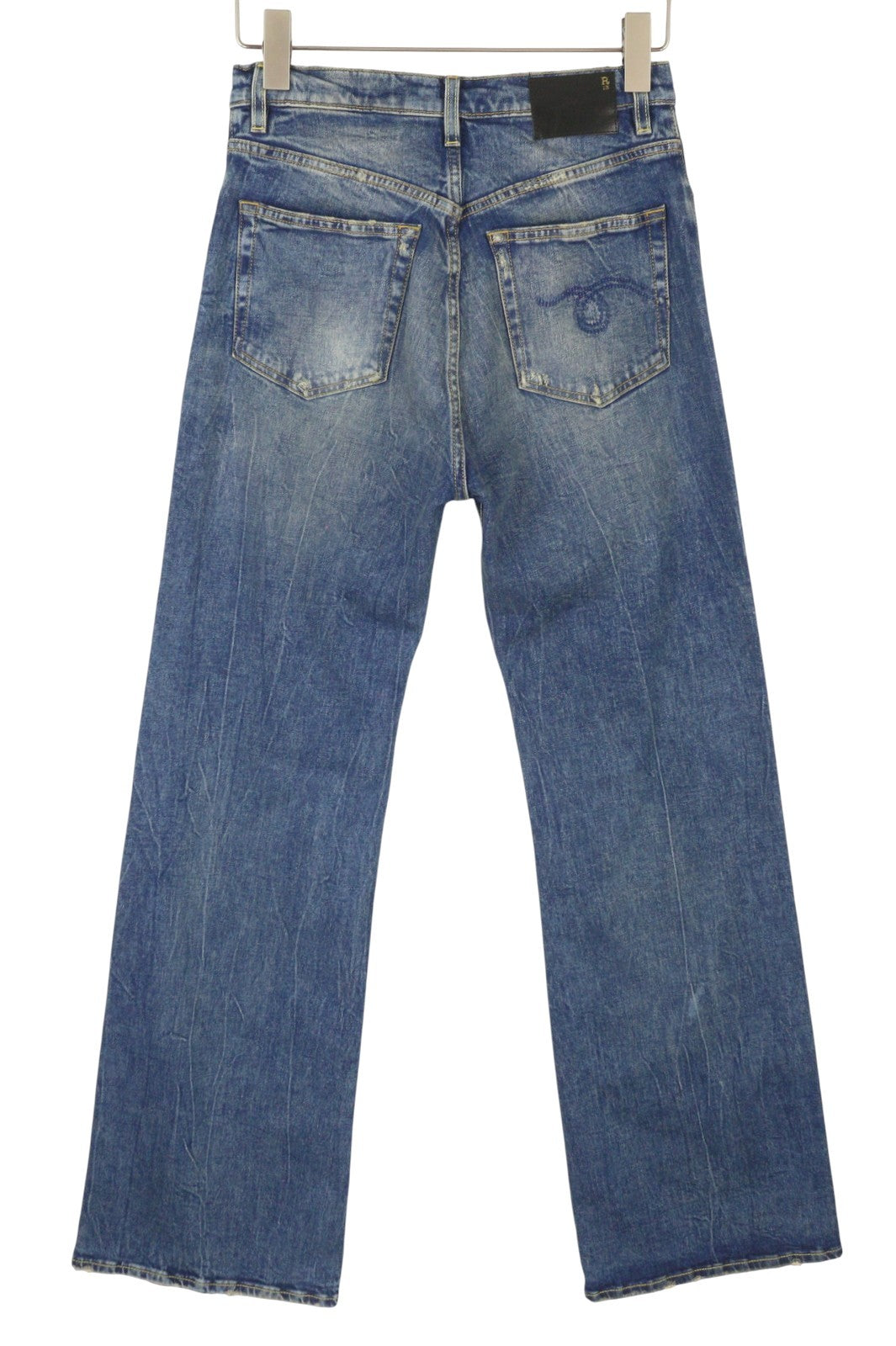 R13 Jane moteriški džinsai 28 Kelly tamprūs, platėjančios klešnės, blukintos mėlynos spalvos su užtrauktuku PF25 RPRP645 