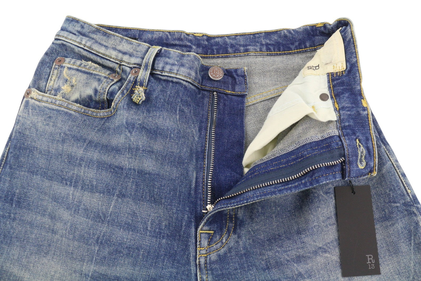 R13 Jane moteriški džinsai 28 Kelly tamprūs, platėjančios klešnės, blukintos mėlynos spalvos su užtrauktuku PF25 RPRP645 