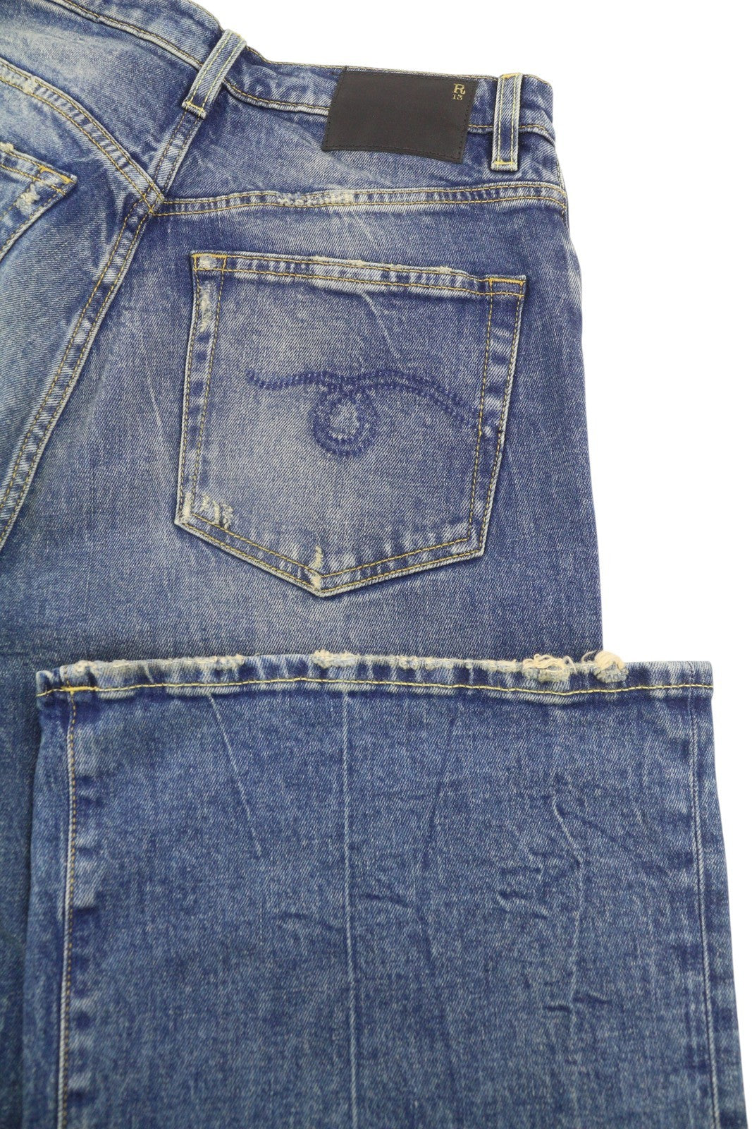 R13 Jane moteriški džinsai 28 Kelly tamprūs, platėjančios klešnės, blukintos mėlynos spalvos su užtrauktuku PF25 RPRP645 