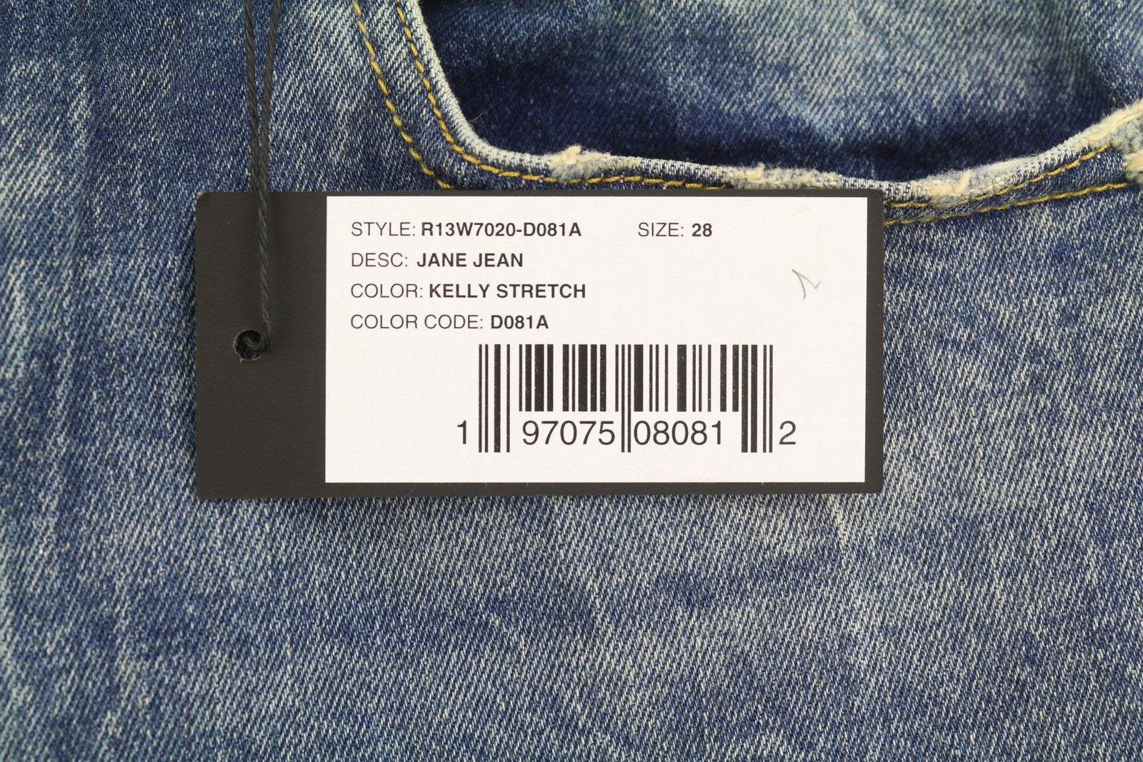 R13 Jane moteriški džinsai 28 Kelly tamprūs, platėjančios klešnės, blukintos mėlynos spalvos su užtrauktuku PF25 RPRP645 