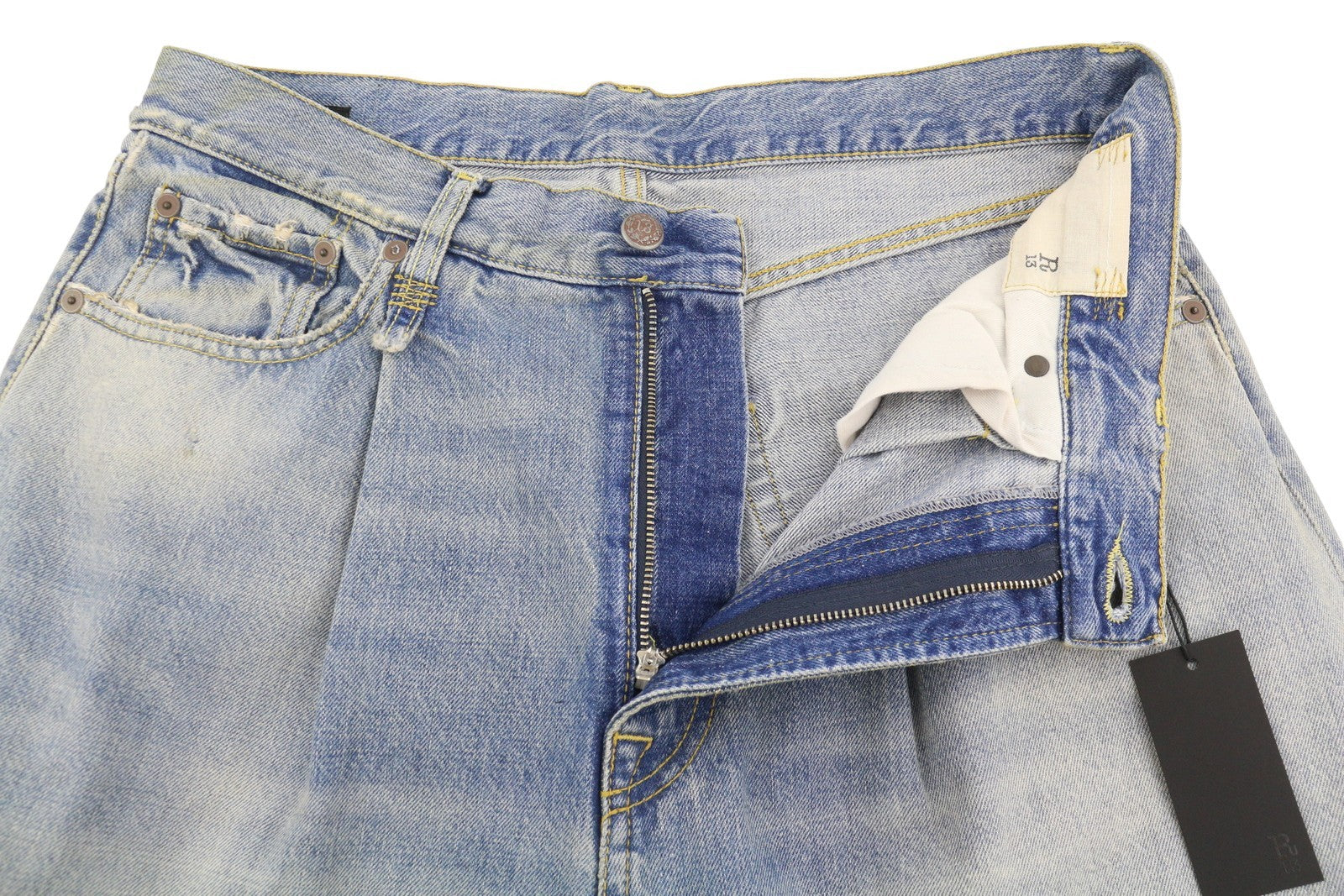 R13 Wayne vyriški džinsai su sąnariais ant kelių, 33 Merrin mėlyni, išblukę ūsai, klostuoti PF25 