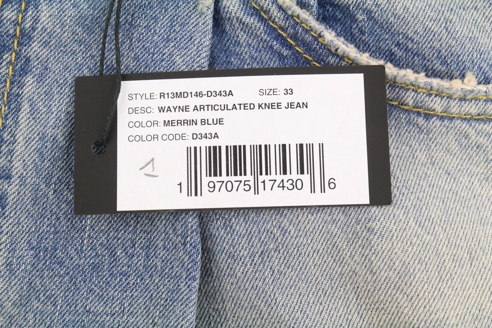 R13 Wayne vyriški džinsai su sąnariais ant kelių, 33 Merrin mėlyni, išblukę ūsai, klostuoti PF25 