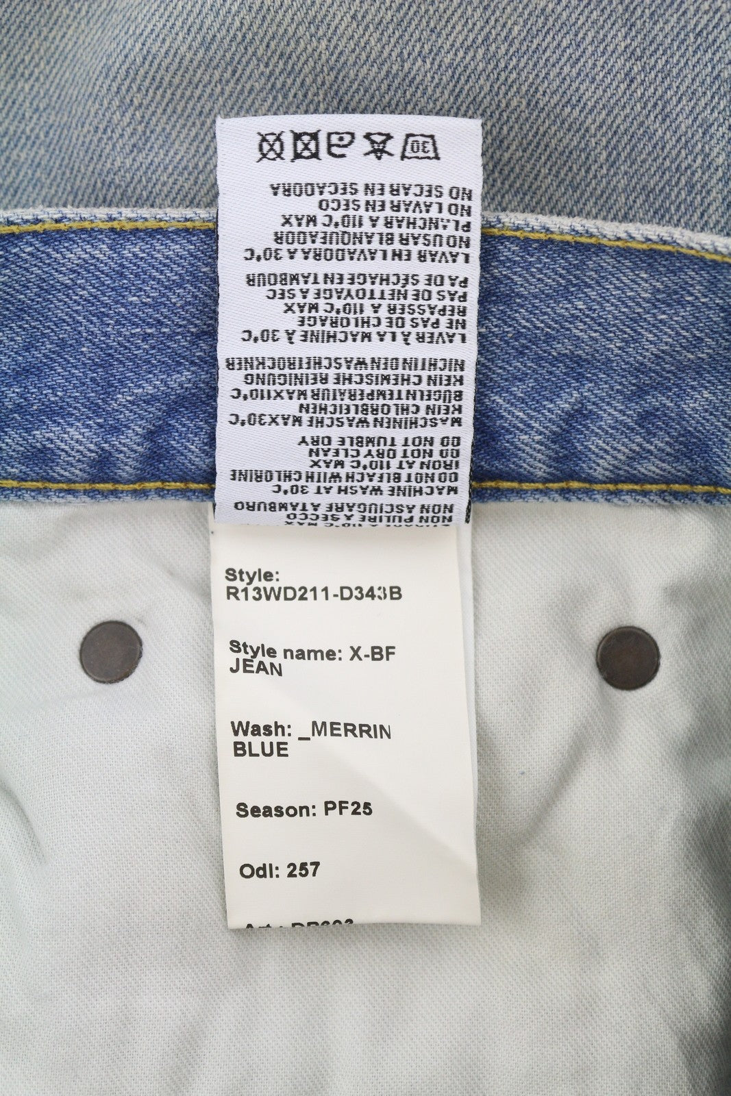 R13 X-BF moteriški džinsai, 27 „Merrin“ mėlyni ūsuoti, skalbti, žemo liemens, užtrauktuku PF25, RRP799 