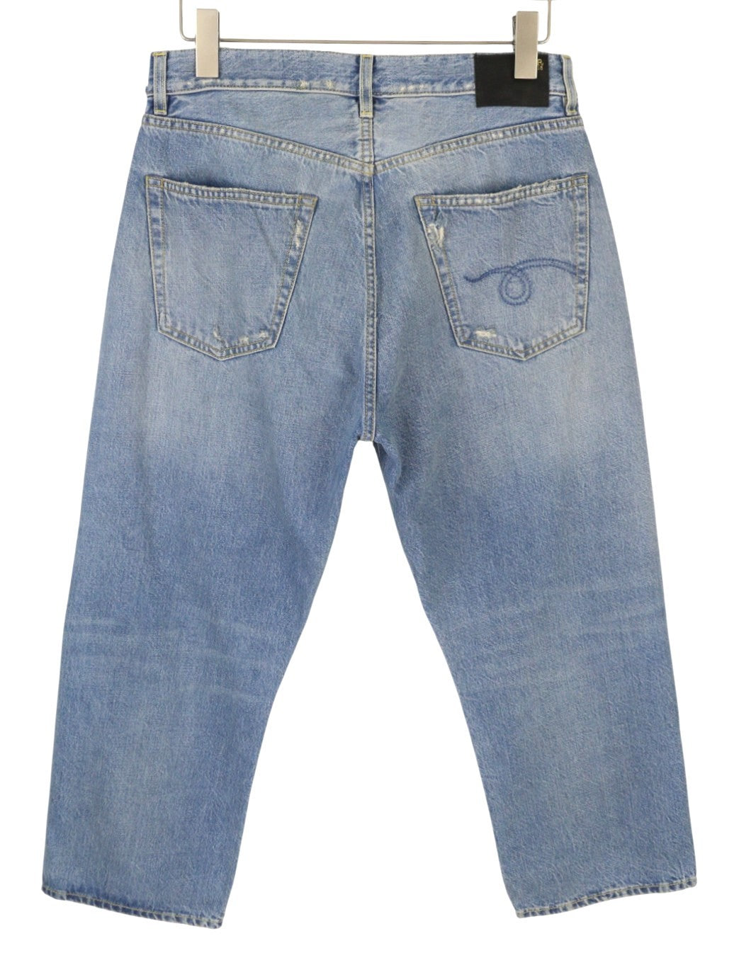 R13 X-BF moteriški džinsai, 27 „Merrin“ mėlyni ūsuoti, skalbti, žemo liemens, užtrauktuku PF25, RRP799 