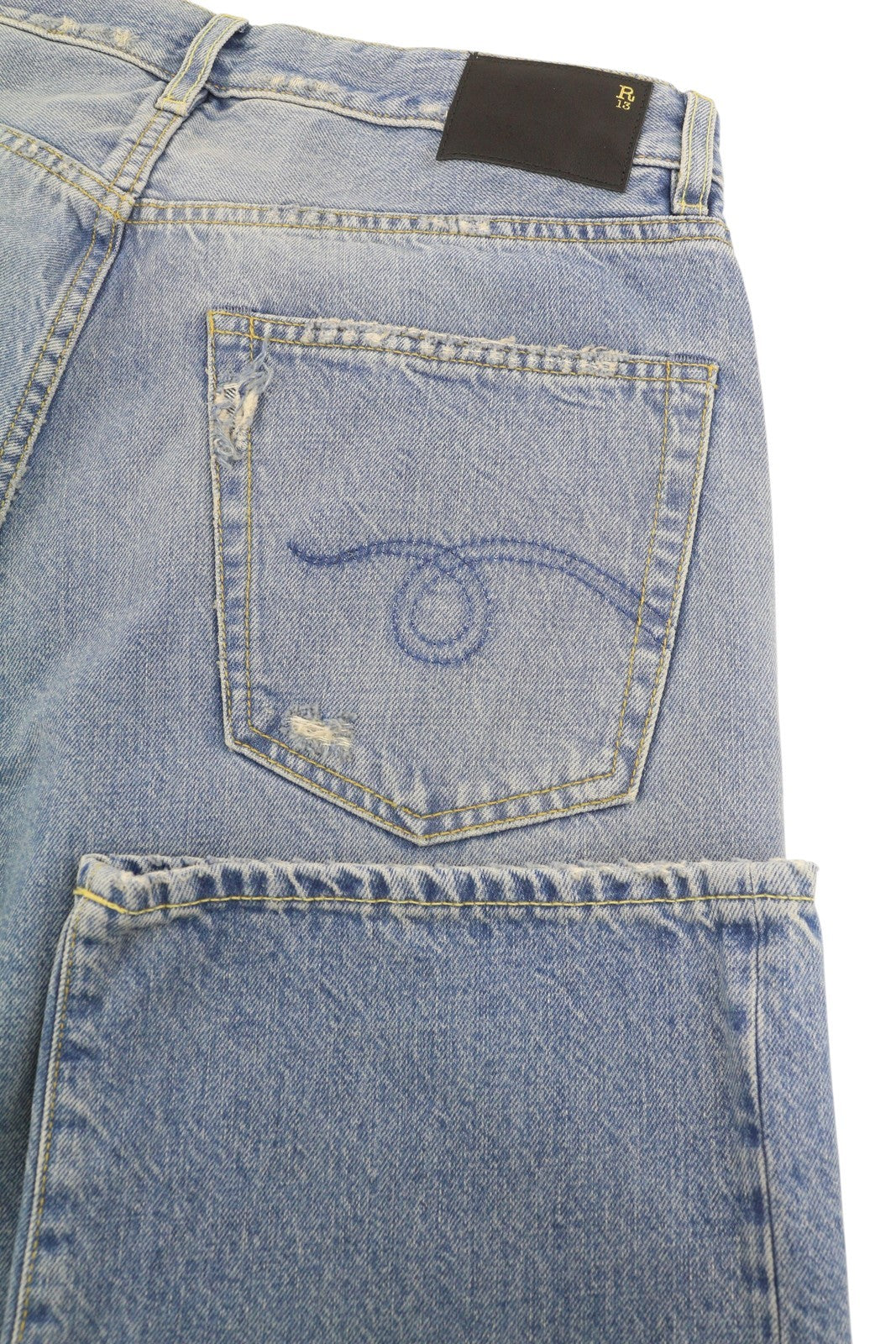 R13 X-BF moteriški džinsai, 27 „Merrin“ mėlyni ūsuoti, skalbti, žemo liemens, užtrauktuku PF25, RRP799 