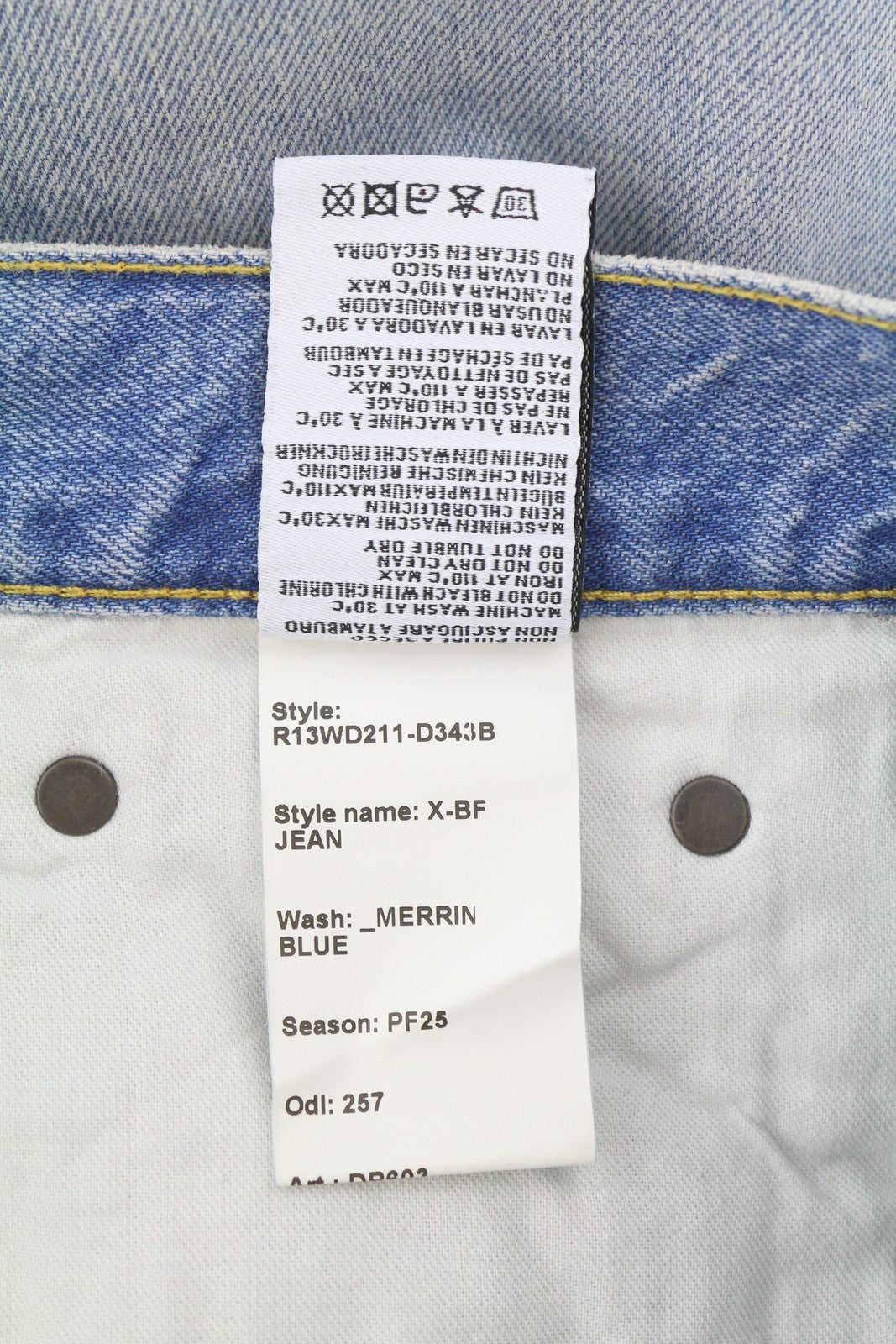 R13 X-BF moteriški džinsai 25 Merrin mėlyni ūsuoti skalbti žemo liemens užtrauktuku PF25 RRP799 