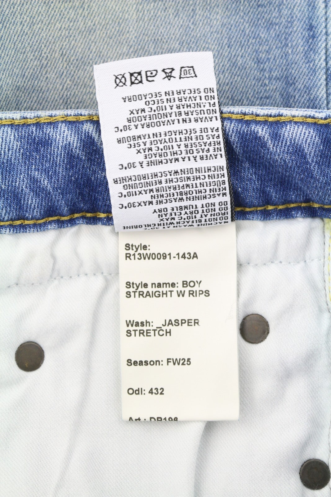 R13 berniukiški tiesūs džinsai su plėšytomis juostomis, 27 dydžio, Jasper tamprūs, žemo liemens, apibarstyti mėlyni, FW25 