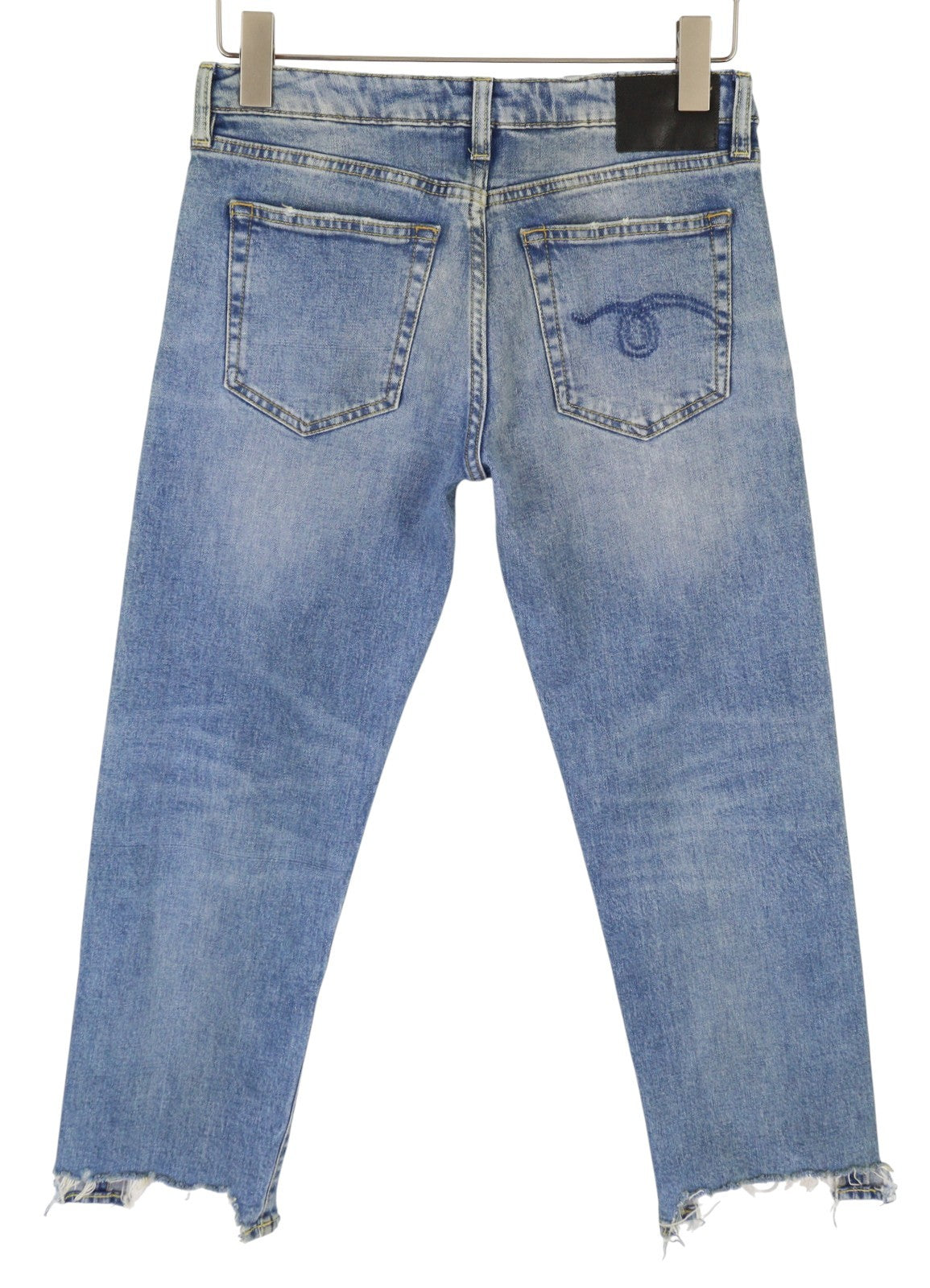 R13 berniukiški tiesūs džinsai su plėšytomis juostomis, 27 dydžio, Jasper tamprūs, žemo liemens, apibarstyti mėlyni, FW25 