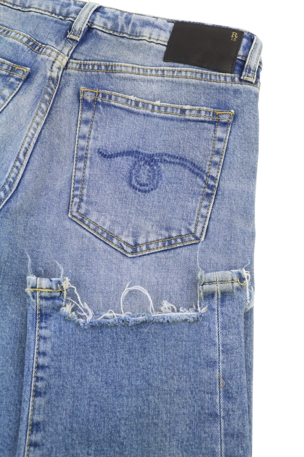 R13 berniukiški tiesūs džinsai su plėšytomis juostomis, 27 dydžio, Jasper tamprūs, žemo liemens, apibarstyti mėlyni, FW25 