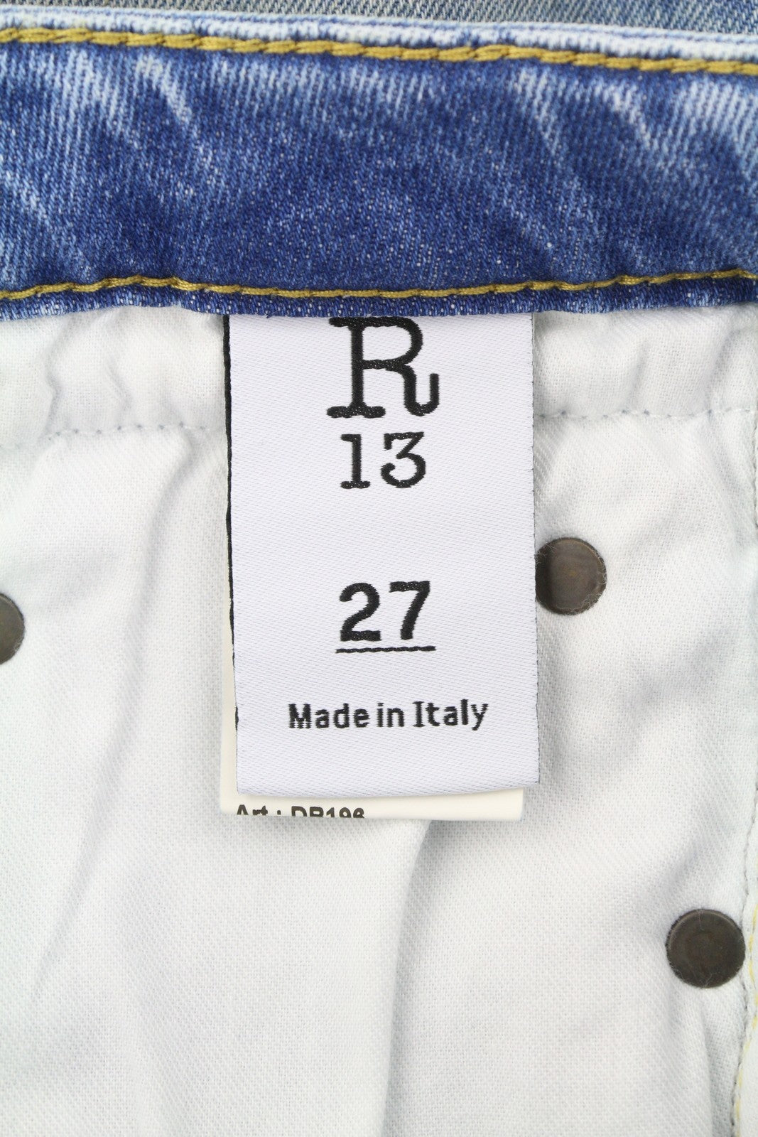 R13 berniukiški tiesūs džinsai su plėšytomis juostomis, 27 dydžio, Jasper tamprūs, žemo liemens, apibarstyti mėlyni, FW25 