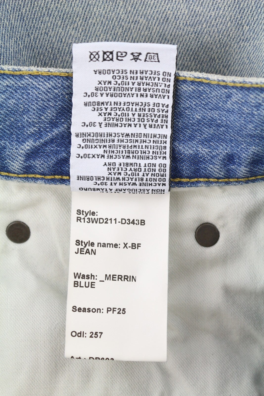 R13 X-BF Women Jeans 25 Merrin Blue Whiskers Faded Low Rise Denim PF25 RRP799