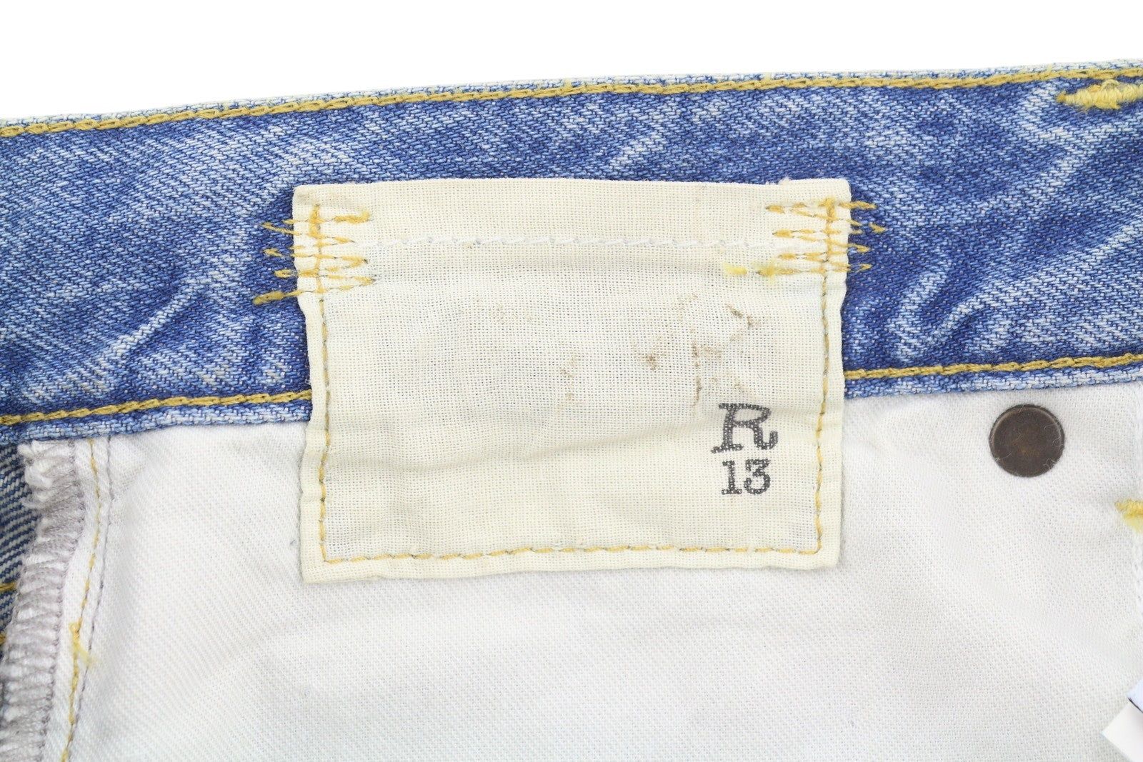 R13 X-BF Women Jeans 25 Merrin Blue Whiskers Faded Low Rise Denim PF25 RRP799