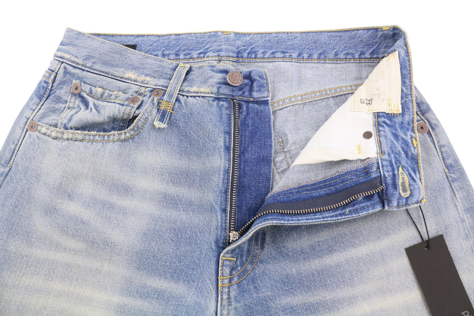 R13 X-BF Women Jeans 25 Merrin Blue Whiskers Faded Low Rise Denim PF25 RRP799