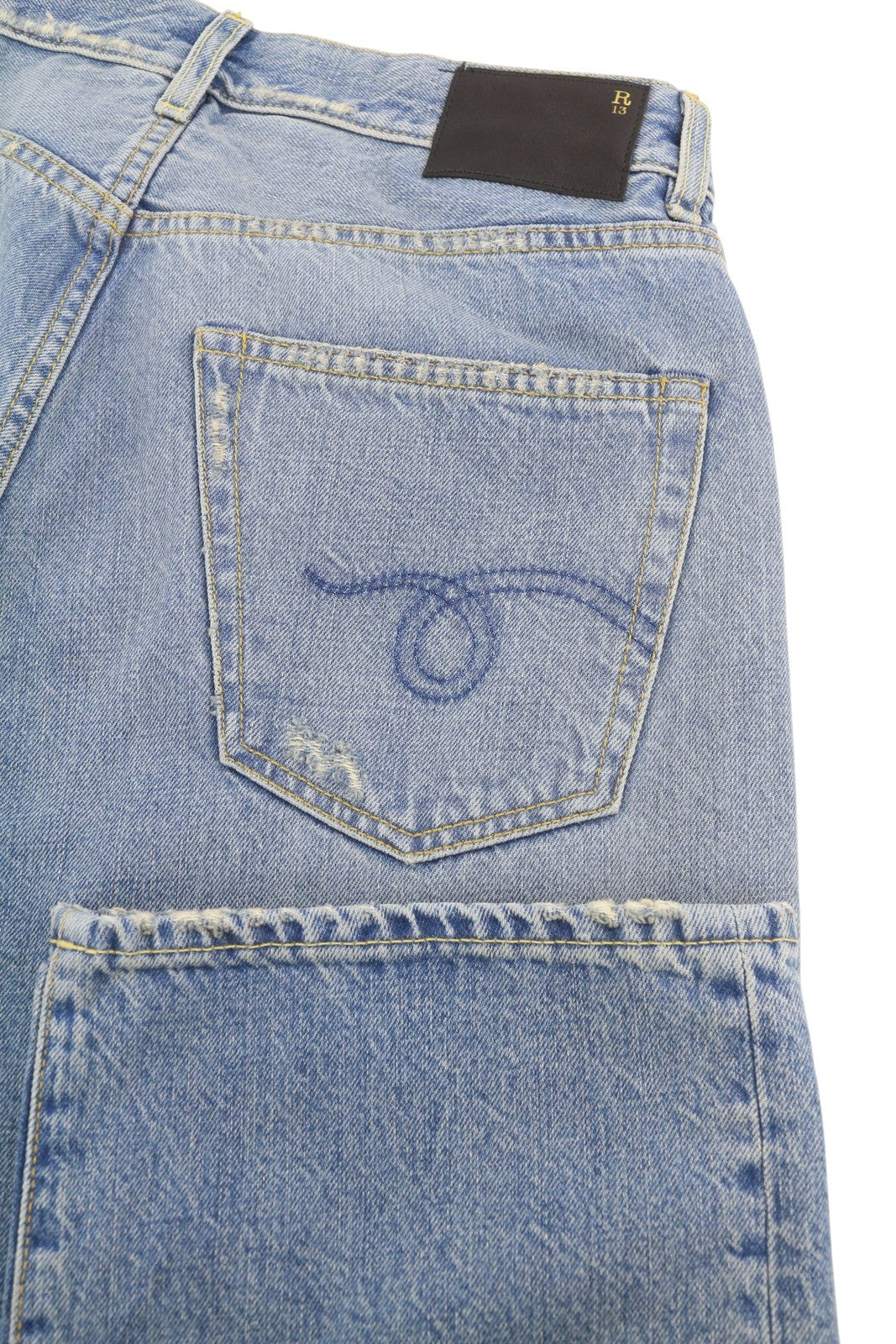 R13 X-BF Women Jeans 25 Merrin Blue Whiskers Faded Low Rise Denim PF25 RRP799