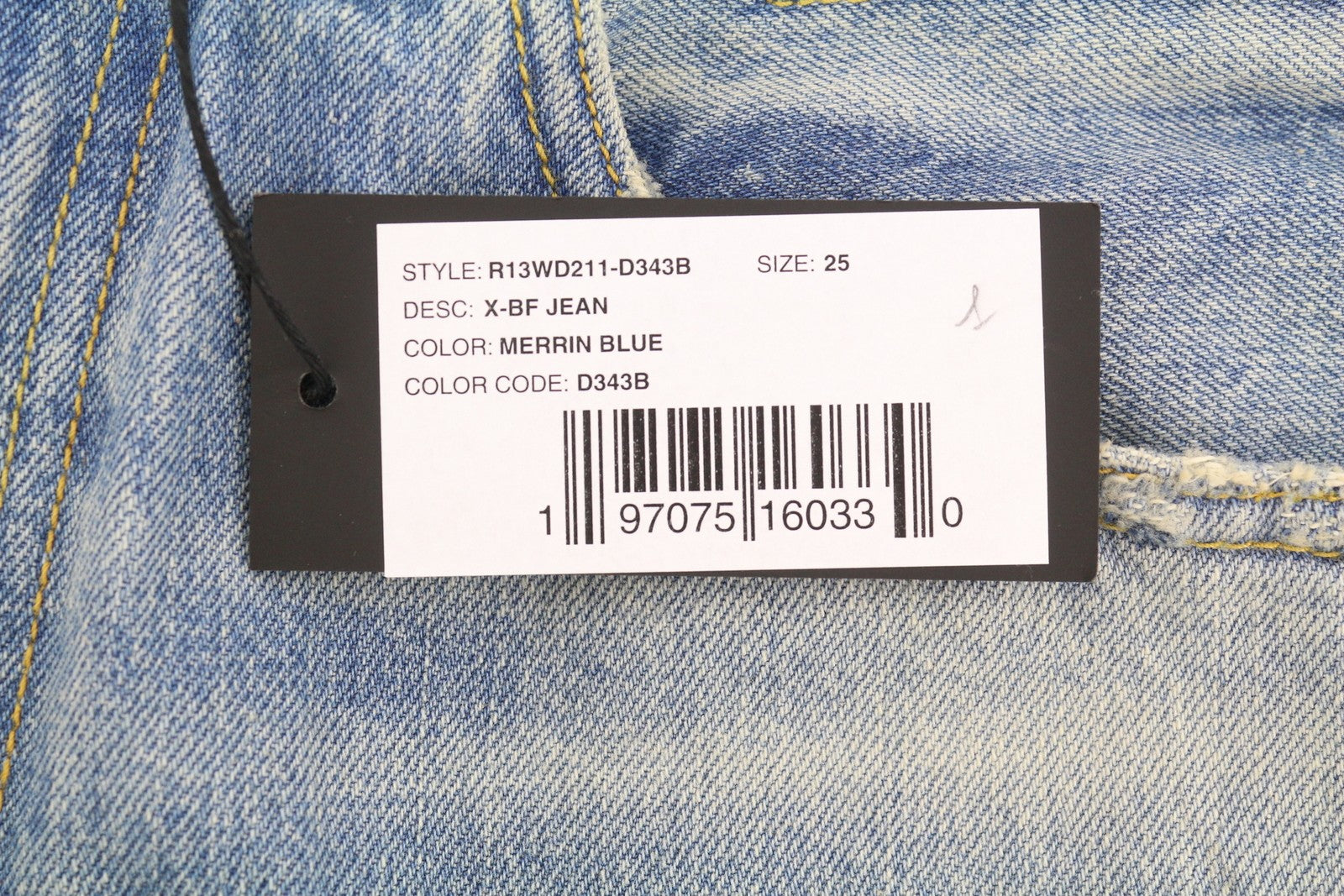 R13 X-BF Women Jeans 25 Merrin Blue Whiskers Faded Low Rise Denim PF25 RRP799